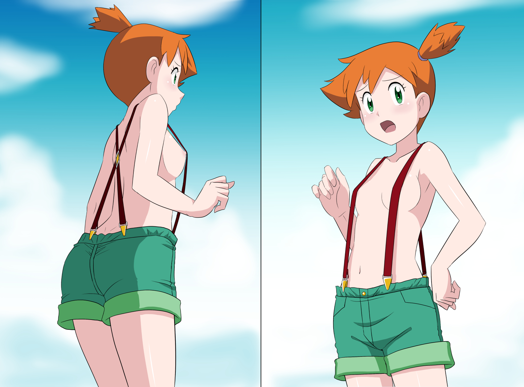 1girls, armpits, ass, asymmetrical hair, bangs, blush, breasts, clothing, denim, denim shorts, female, female only, game freak, green eyes, green shorts, high resolution, kakkii, kasumi (pokemon), legs, looking at another, looking at viewer, misty (pokemon), navel, nintendo, nipples, orange hair, pokemon, pokemon (anime), pokemon (classic anime), pokemon (game), pokemon rgby, ponytail, shirt, short shorts, shorts, side ponytail, small breasts, smile, solo, suspenders, tank top, thighs, tied hair