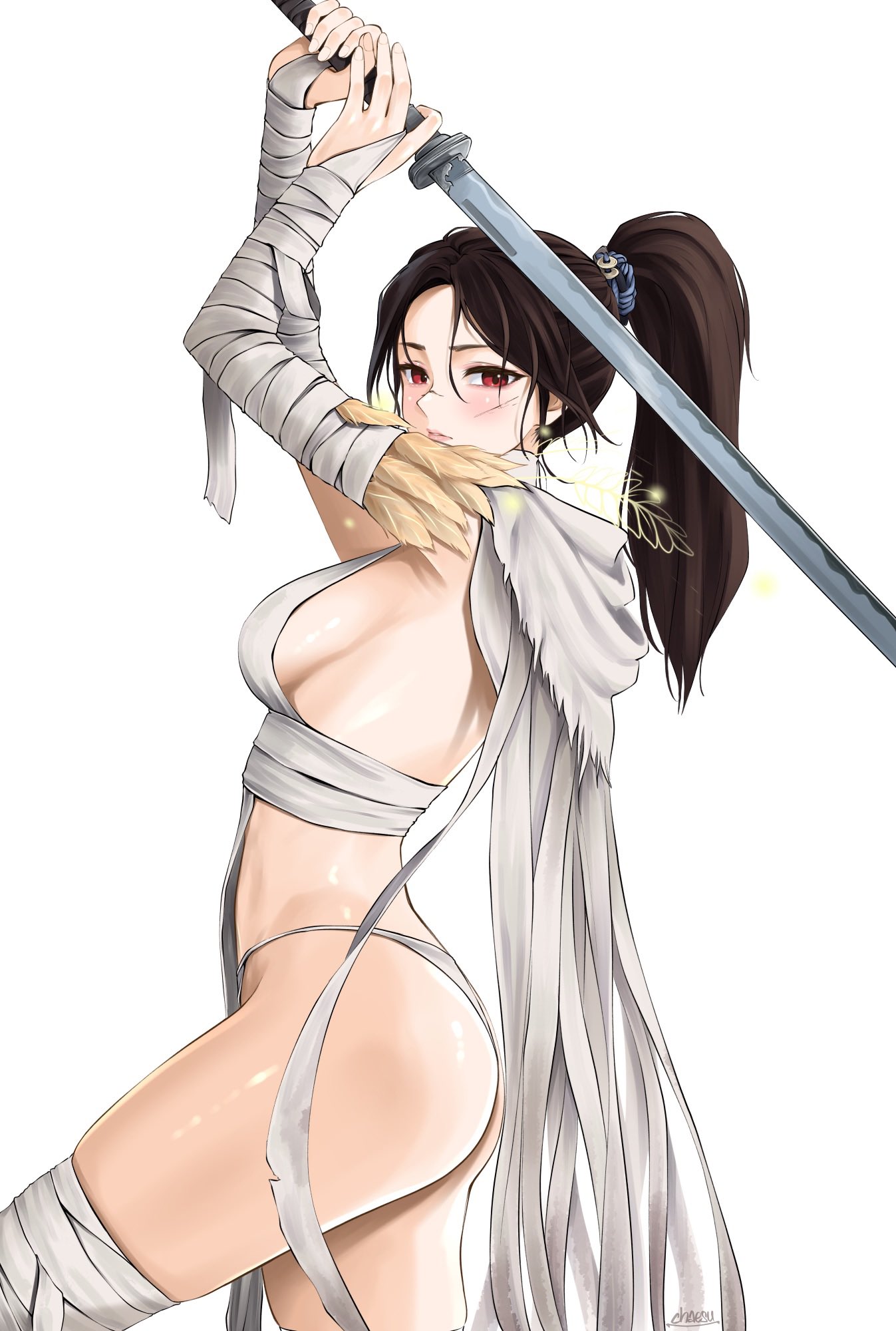 1girls, asian, ass, bai wuchang, black hair, breasts, cape, chaesu, chinese female, facing to the side, female, medium breasts, panties, red eyes, sarashi, sideboob, slim female, sword, thick thighs, wuchang: fallen feathers