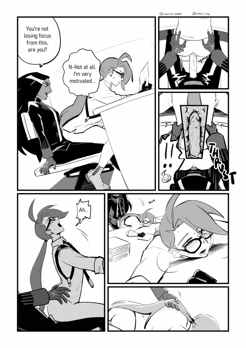 bending_over bent_over blush clothed clothed_sex clothes clothing cockwarming comic dominant_female face_down_ass_up geeta_(pokemon) glasses hair_pull hand_on_ass hand_on_hip larger_female lesbian no_panties no_pants pokemon ponytail rika_(pokemon) shorter_female sitting sitting_on_chair sitting_on_dildo sitting_on_lap sitting_on_person smaller_female stnghnnn strap-on strap-on_sex submissive_female taller_female yuri