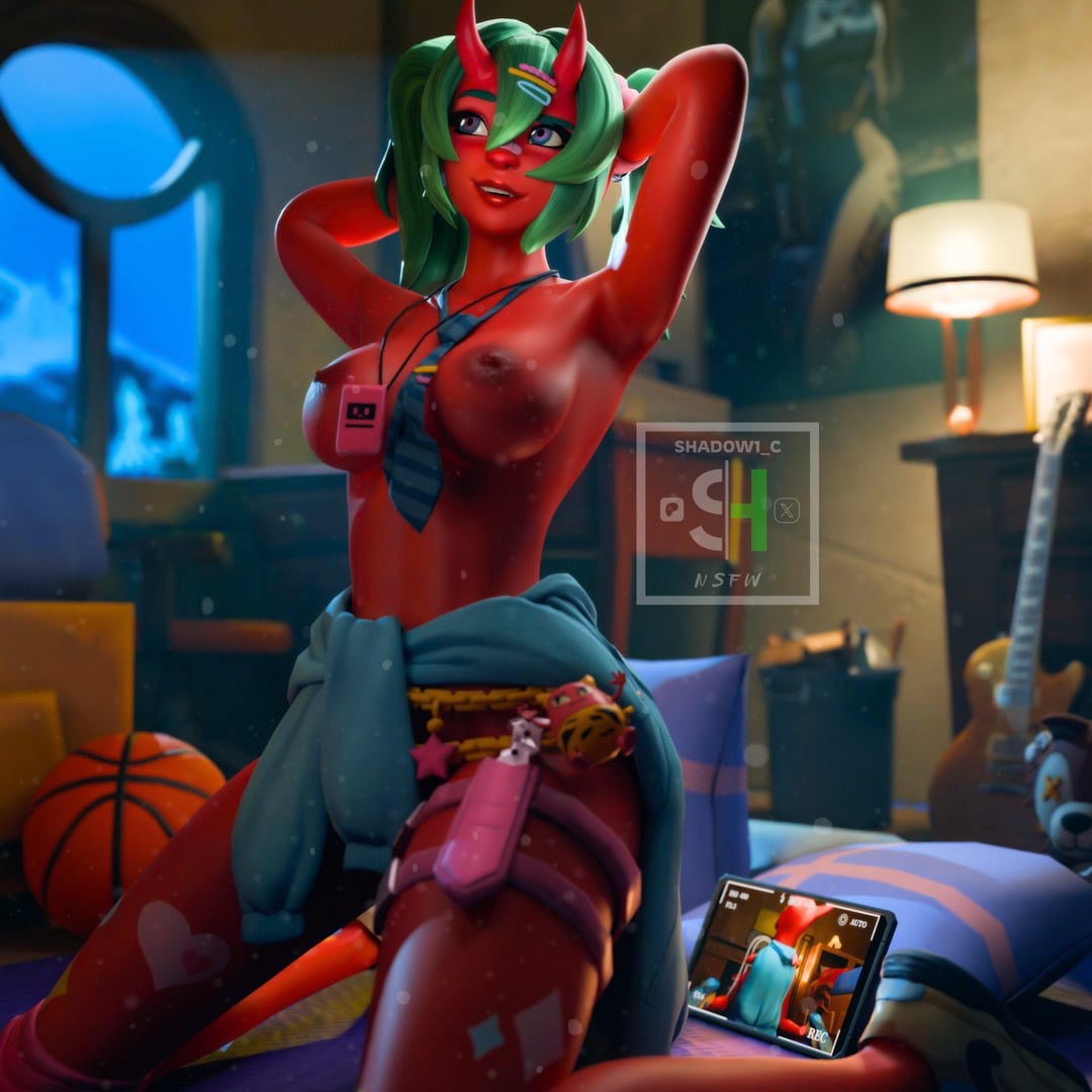 fortnite green_hair nemia_(fortnite) red_body twintails