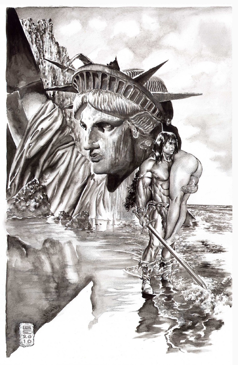 2010 ass conan conan_the_barbarian_(series) crossover gene_espy monochrome nova_(planet_of_the_apes) planet_of_the_apes statue_of_liberty