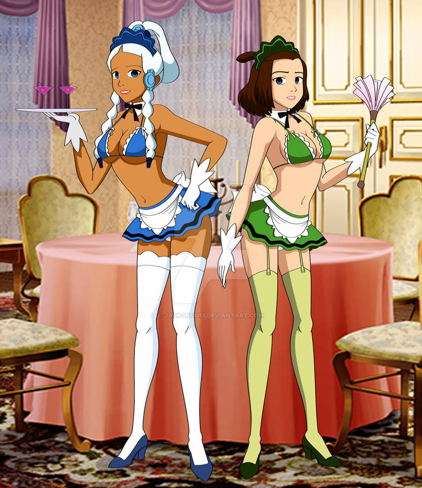 2girls apron avatar_the_last_airbender blue_bra blue_eyes blue_skirt bowtie bra breasts brown_hair detached_collar drinks feather_duster garter_straps gloves green_bra green_skirt hair_ornament high_heels holding_feather_duster holding_tray hypnosis jimryu looking_at_viewer maid maid_apron maid_headdress maid_uniform medium_breasts microskirt midriff mind_control navel panties ponytail skirt suki thighhighs tray white_hair white_panties yue