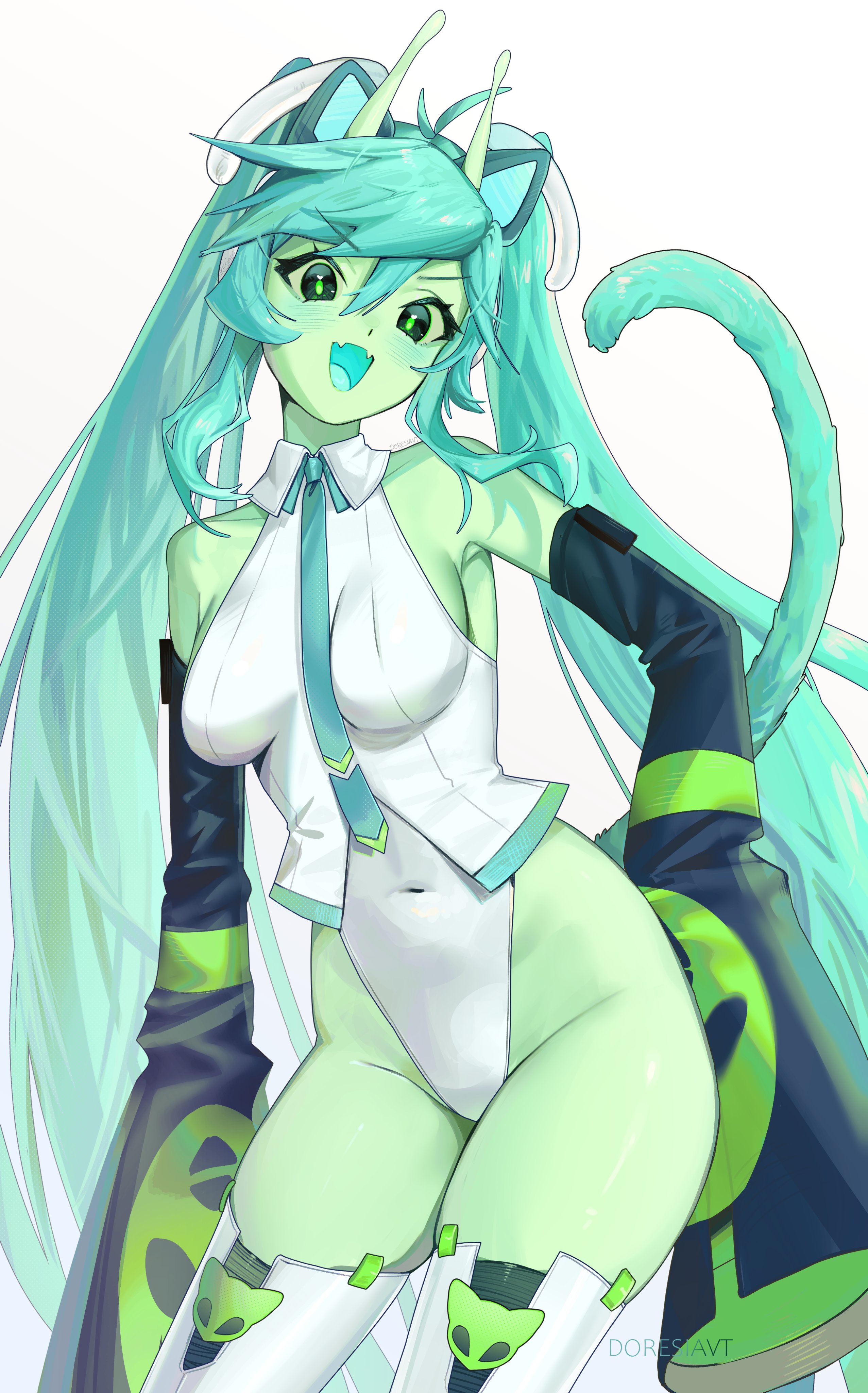 1girl, alien, alien girl, animal ears, antennae, aqua hair, blue tongue, breasts, cat ears, cat girl, cat tail, colored skin, colored tongue, covered navel, cowboy shot, detached sleeves, eyelashes, fangs, female, glorpi miku (dyarikku), green eyes, green skin, hair between eyes, hand on hip, hatsune miku, highleg, highleg leotard, highres, leotard, long hair, looking at viewer, medium breasts, navel, necktie, open mouth, simple background, skin tight, sleeves past wrists, smile, solo, tail, thighhighs, twintails, very long hair, vocaloid, white background, white leotard, white thighhighs