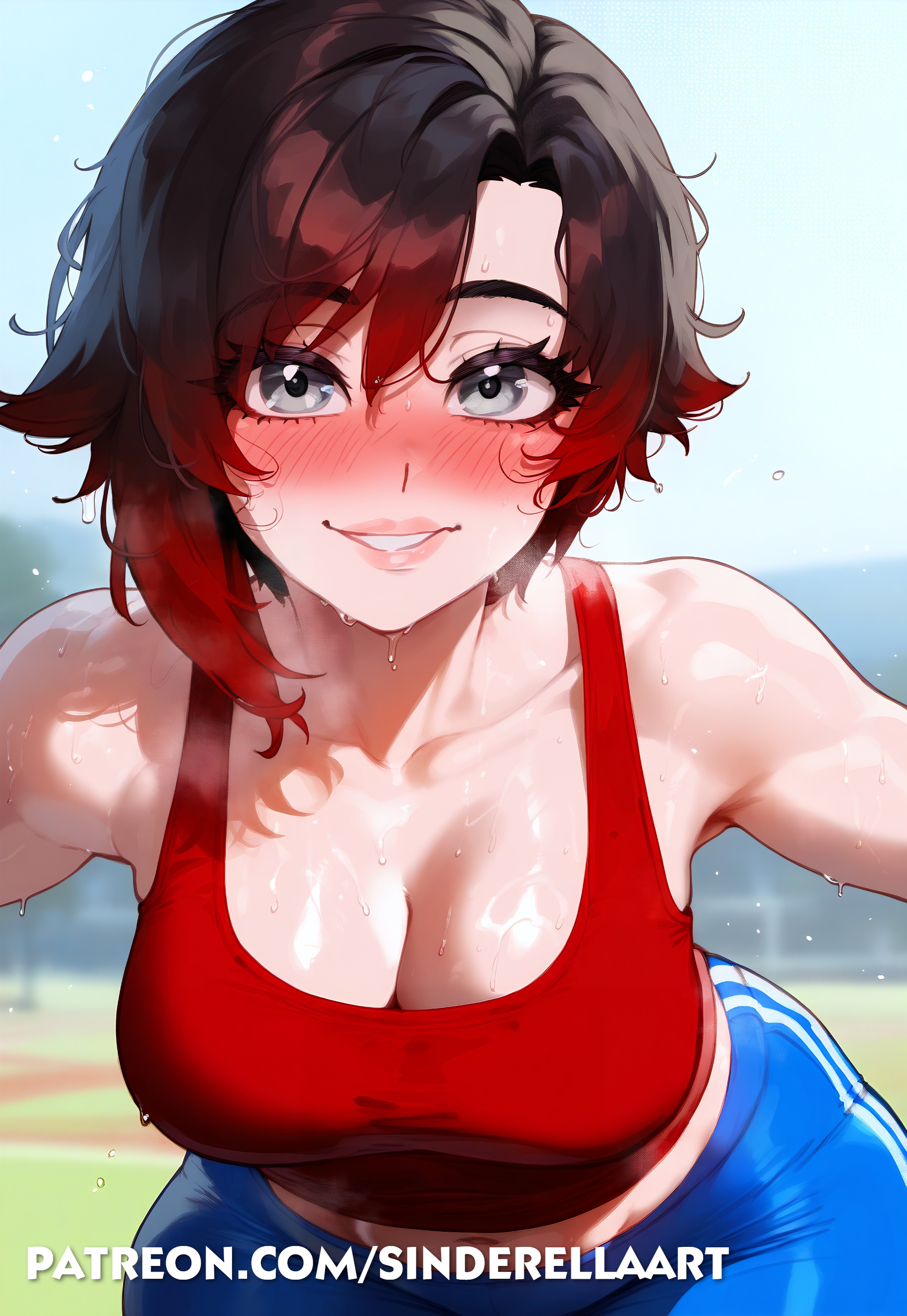 ai generated, cleavage, commission, female, female only, leggings, patreon username, public, ruby rose, rwby, sinderellaart, sportswear, tank top, track and field, voluptuous, voluptuous female