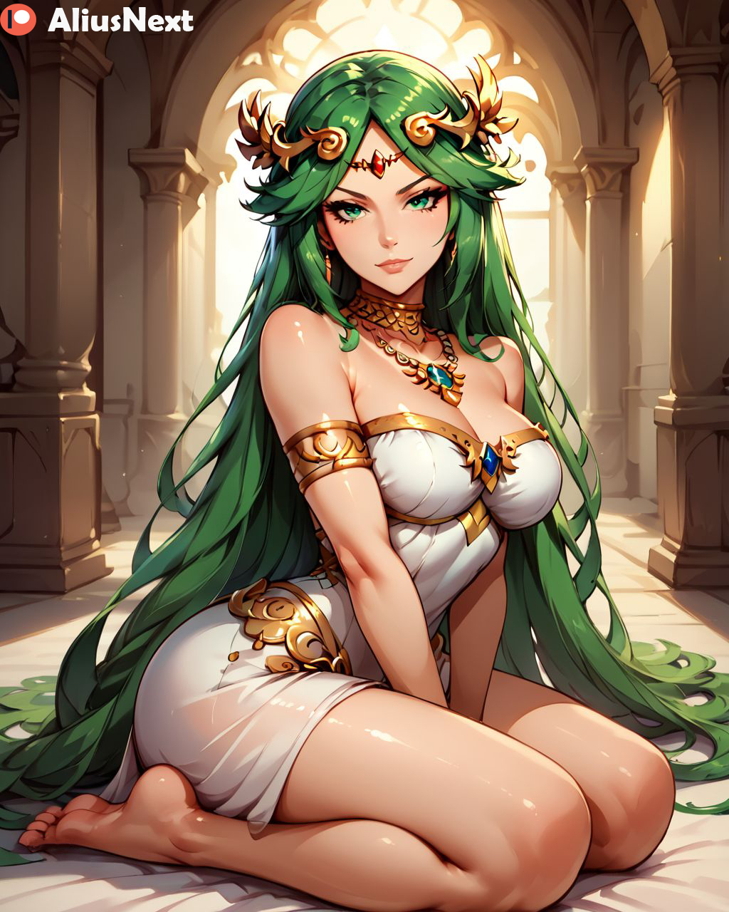 1girls ai_generated aliusnext ass big_ass big_breasts breasts feet female goddess green_eyes green_hair hi_res high_resolution highres huge_ass kid_icarus kneeling nintendo palutena patreon smirk super_smash_bros.