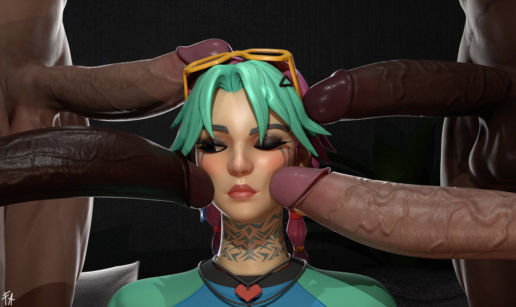 3d, 3d (artwork), blushing, brown eyes, cyan hair, dark-skinned male, epic games, fatalchaos, fortnite, hot, multiple penises, pink hair, redline surrounded by guns (meme), selene (fortnite), spine (game), tattoos, unbothered