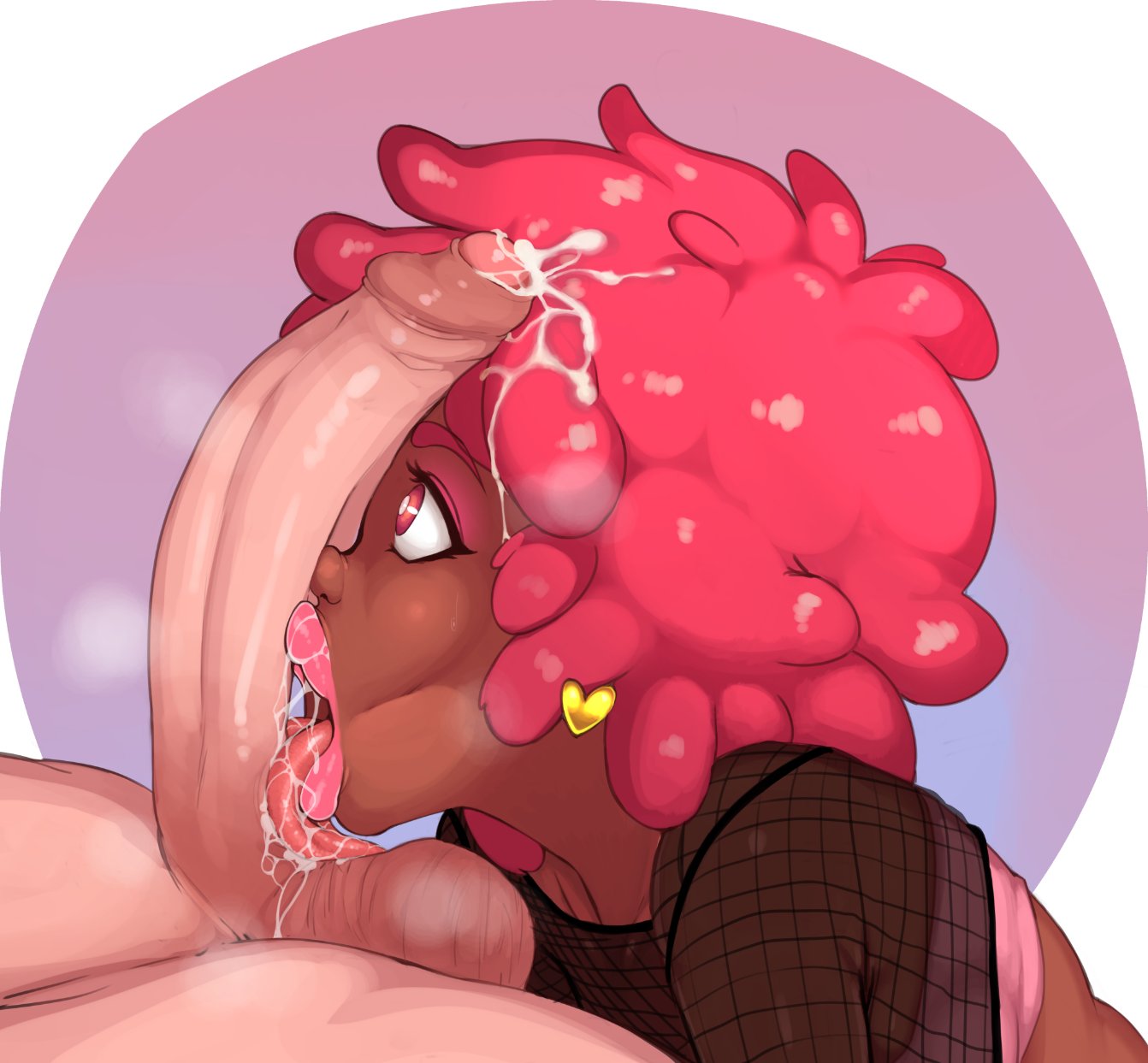 1boy 1girls commission crystal_(inoiiying) cum cum_on_hair dark-skinned_female dark_skin earrings fishnet_clothing fishnet_topwear heart-shaped_earrings huge_cock interracial licking licking_penis light-skinned_male moshimashi original original_character pink_hair