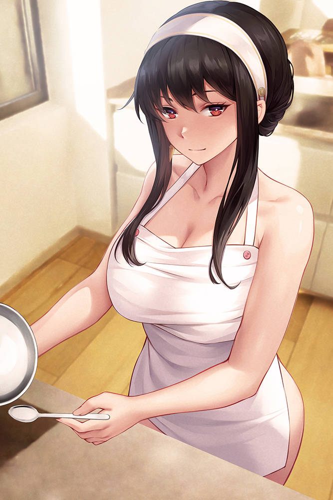 1girls apron azto_dio black_hair bowl breasts hairband hairbun holding_bowl holding_spoon kitchen kitchen_counter large_breasts looking_at_viewer milf naked_apron red_eyes spoon spy_x_family white_apron yor_briar yor_forger