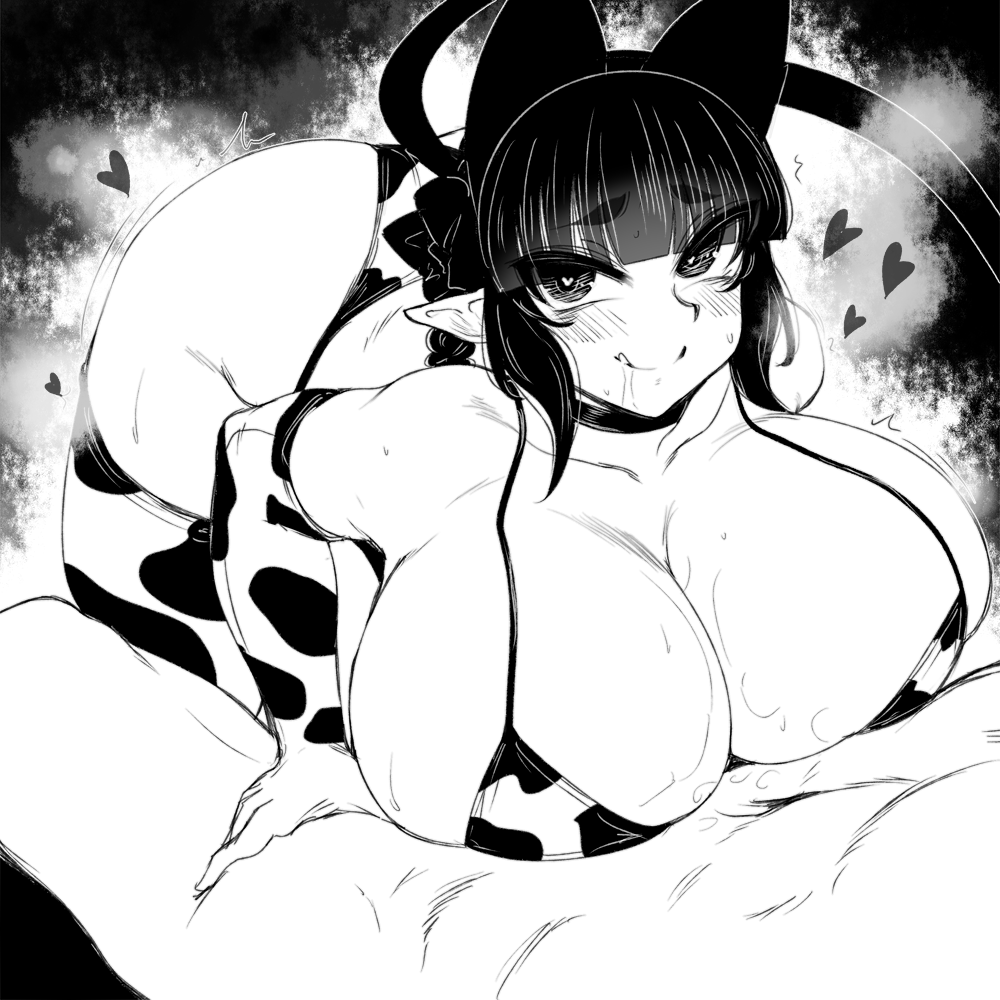 1girls bikini black_and_white blush breasts cat_ears cat_tail catgirl cleavage cow_print cow_print_bikini gigantic_breasts haseru_(ginku_mh) heart-shaped_pupils huge_ass huge_breasts kaenbyou_rin monochrome rin_kaenbyou short_hair thick_thighs touhou