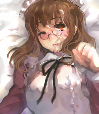 apron artist_request bed_sheet black_ribbon breasts brown_hair clenched_hand closed_mouth cum cum_on_body cum_on_clothes cum_on_eyewear cum_on_hair facial female futaba_channel hand_up large_breasts long_hair long_sleeves lowres lying maid maid_apron maid_headdress neck_ribbon nemui nijiura_maids on_back one_eye_closed orange_eyes pince-nez ribbon solo third-party_source white_apron