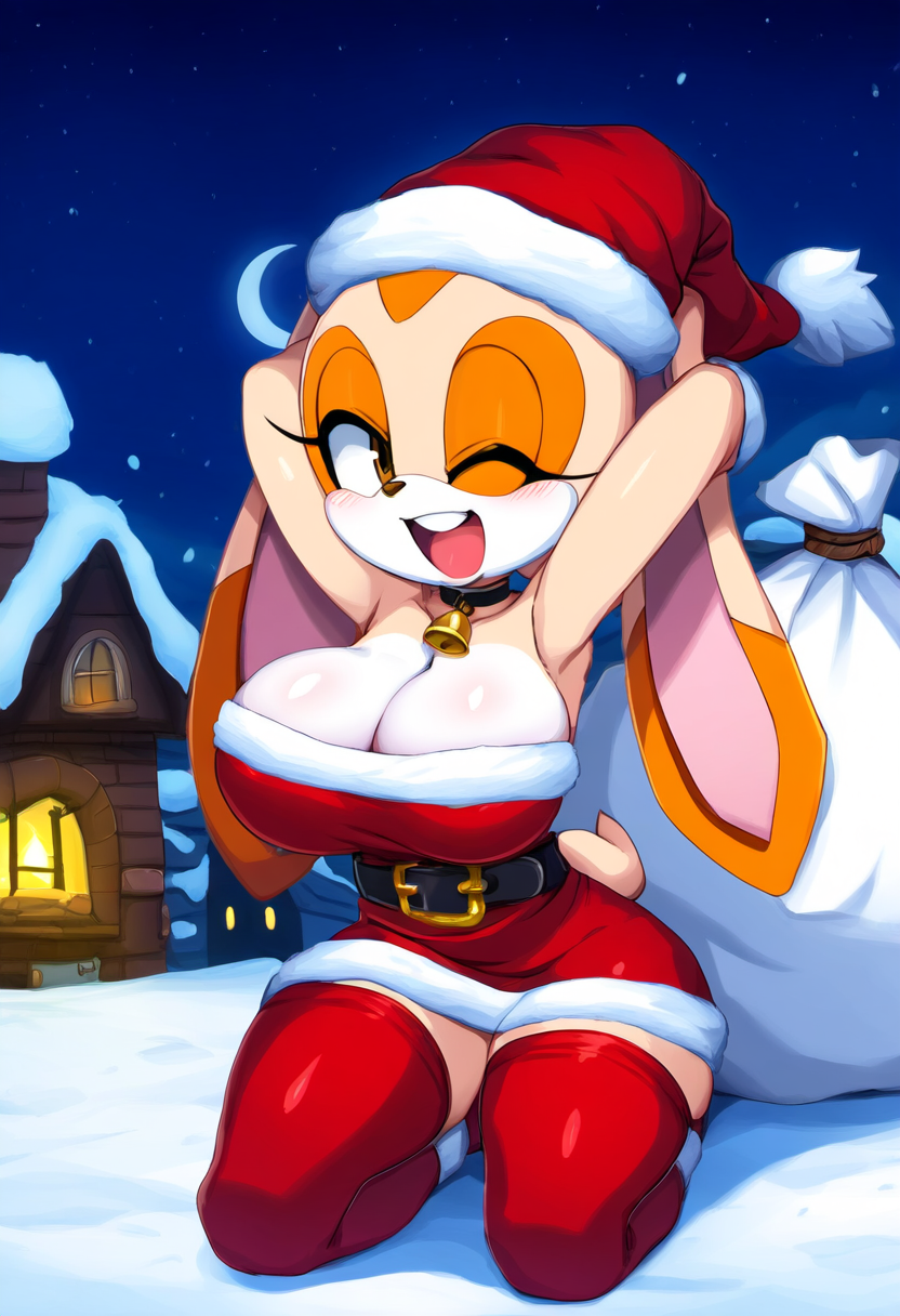 ai_generated anthro big_breasts breasts christmas christmas_tree cleavage cream_the_rabbit kurogitsu_08 large_breasts rabbit rabbit_ears sonic_(series) sonic_the_hedgehog_(series)