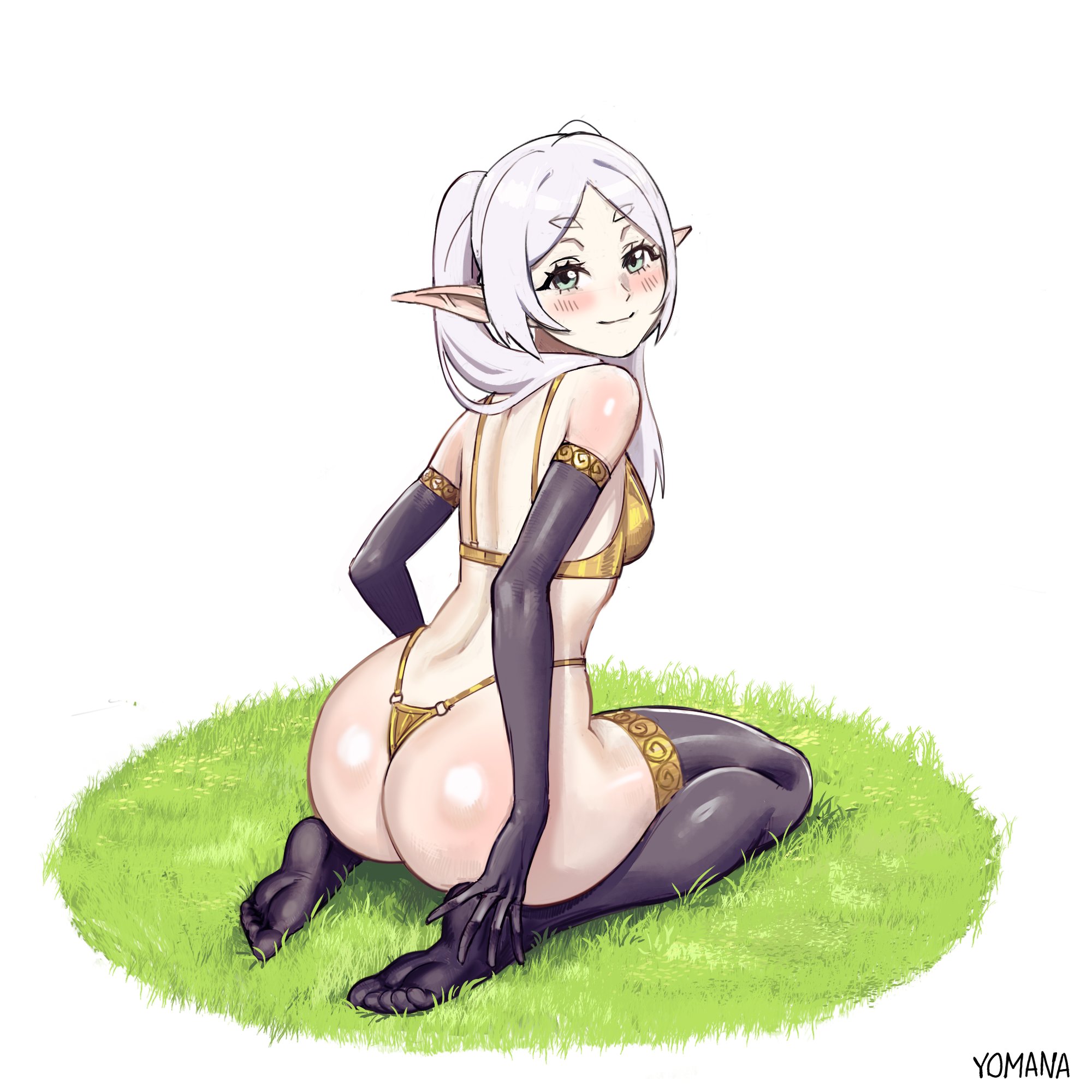 1girls, armwear, ass, big ass, black gloves, black thighhighs, blush, bottomwear, breasts, elbow gloves, elf ears, feet, female, female only, frieren, gloves, grass, green eyes, hair, legwear, looking back, pointy ears, smile, solo, solo female, sousou no frieren, thighhighs, thighs, topwear, twintails, white hair, yomana