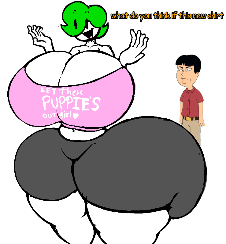 gigantic_ass green_hair huge_breasts huge_thighs oc pink_shirt scarlet_(scarmentor) scarmentor shitpost thicc