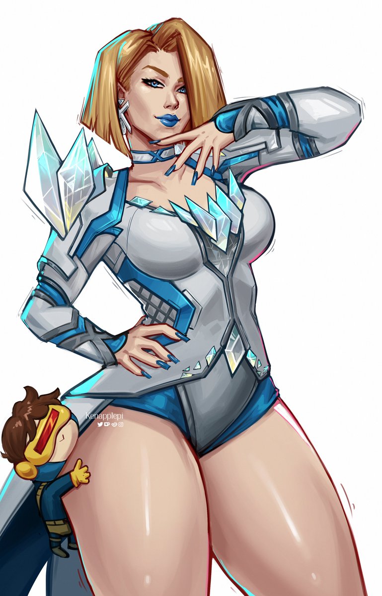 1girls, ass, big ass, big breasts, blonde eyebrows, blonde female, blonde hair, blue eyes, blue lipstick, blue nails, bob cut, breasts, choker, closed mouth, closed mouth smile, cyclops, cyclops (marvel rivals), cyclops (x-men), earrings, emma frost, emma frost (marvel rivals), eyebrows, eyelashes, female, female only, hair behind ear, hand on hip, kenapplepi, legs, light skin, light-skinned female, long nails, marvel, marvel comics, marvel rivals, mature, mature female, medium hair, milf, scott summers, smile, smiling, standing, thick thighs, thighs, x-men