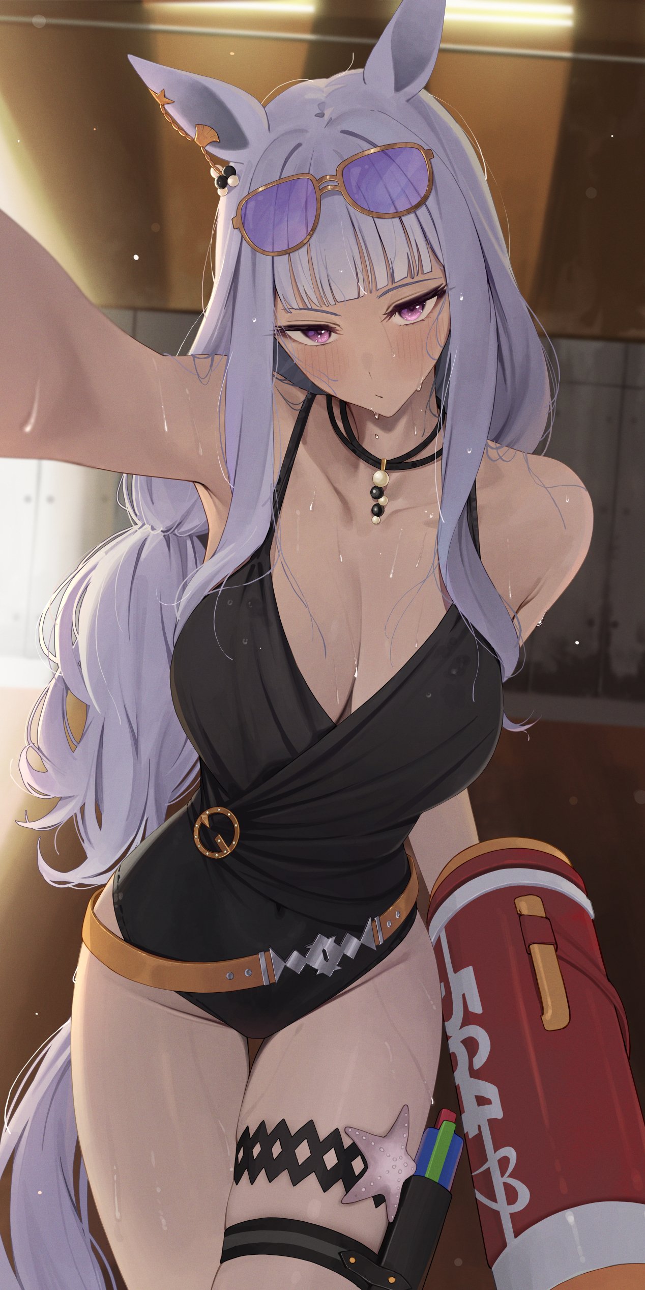1girls, absurdres, animal ears, black one-piece swimsuit, casual one-piece swimsuit, eyewear on head, female, female only, gold ship (run revolt launcher) (umamusume), gold ship (umamusume), highres, holding, holding water gun, horse ears, horse girl, horse tail, ningen gokko, official alternate costume, one-piece swimsuit, pov, purple-tinted eyewear, sunglasses, swimsuit, tail, tinted eyewear, umamusume, water gun, yellow-framed eyewear