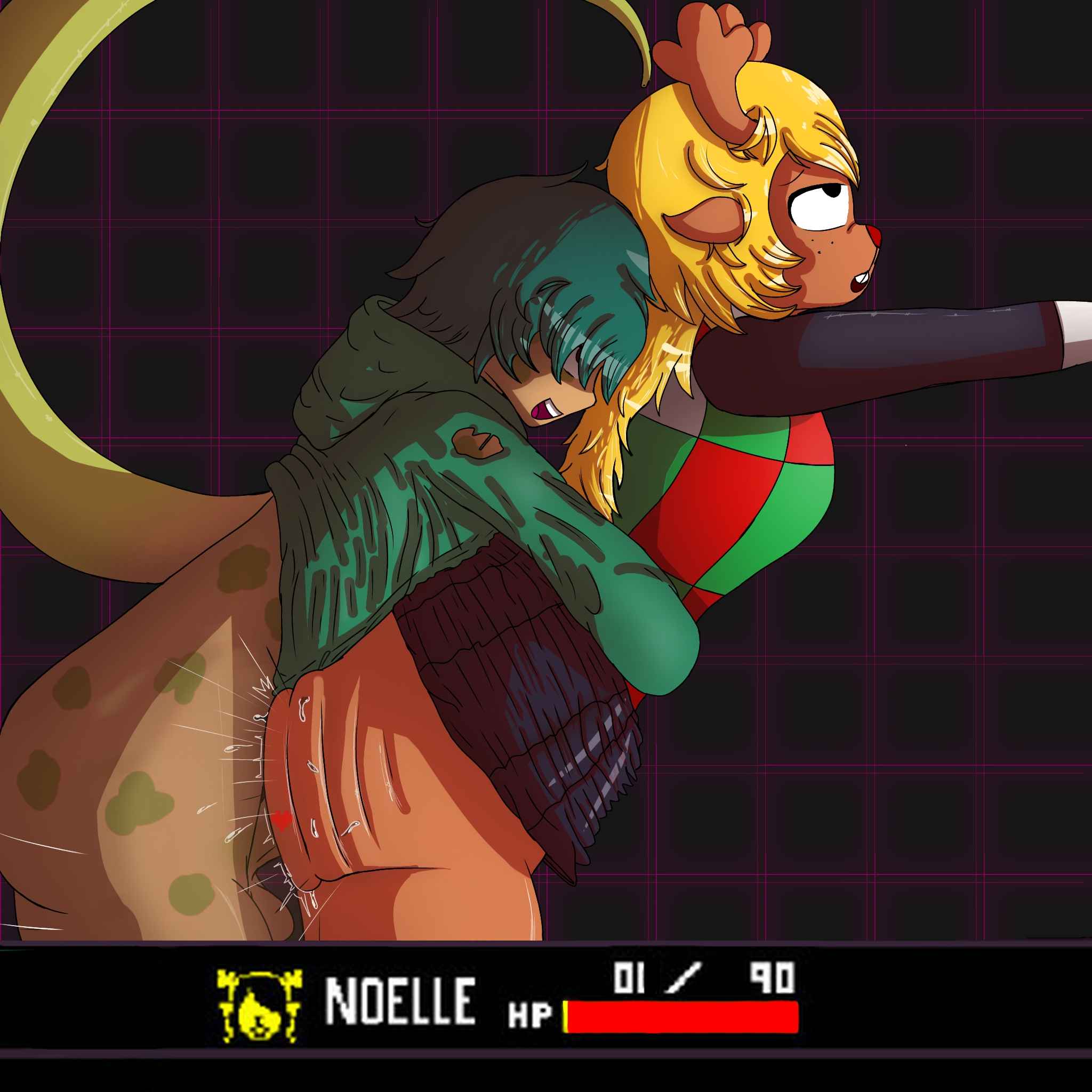 1boy 1boy1girl 1girls anthro blonde_hair covered_eyes deltarune deltarune_chapter_2 emmzock femboy green_eyes noelle_holiday rape reindeer skirt skirt_lift soft_vore