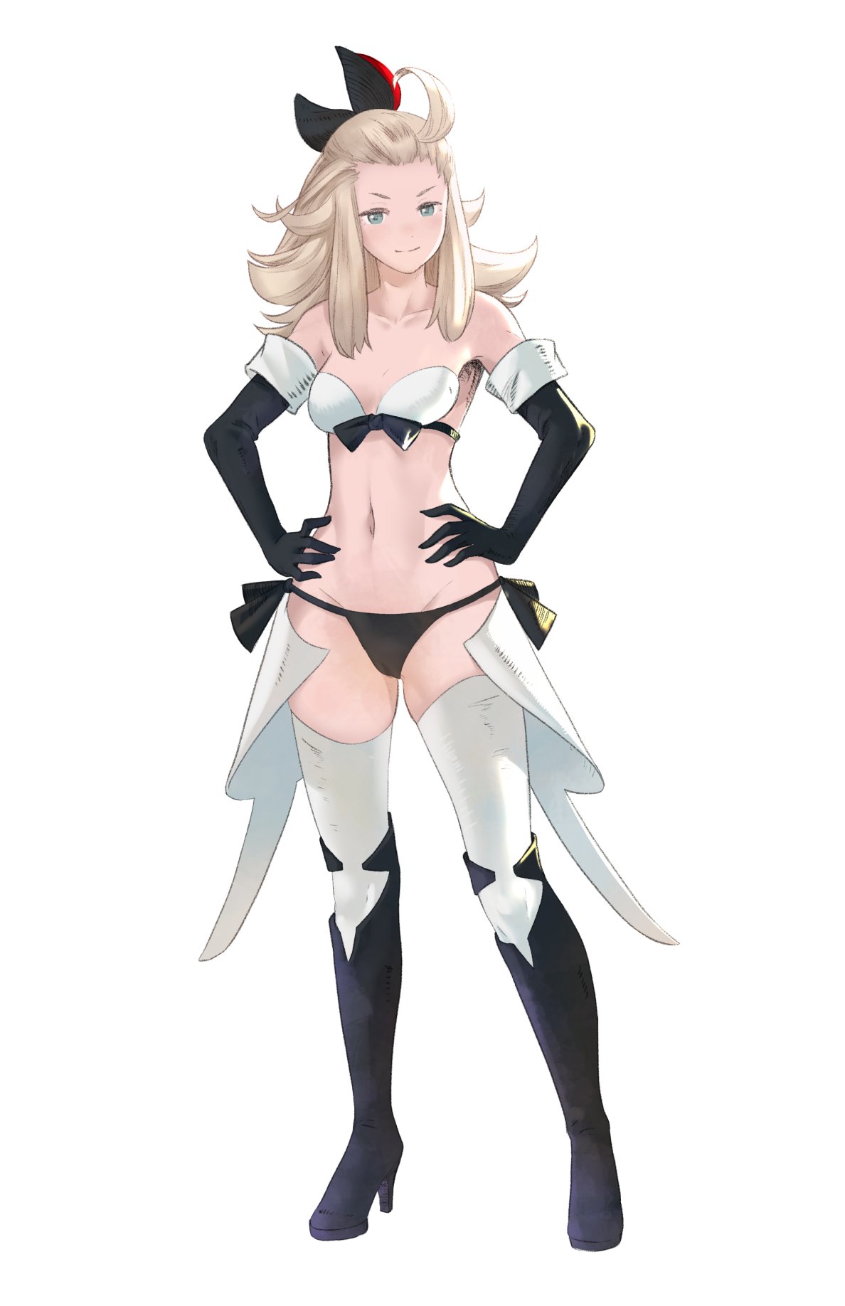 1girls ahoge armor armpits bare_shoulders bikini bikini_armor blonde_hair blue_eyes boots bow bravely_default:_flying_fairy bravely_default_(series) breasts collarbone edea_lee elbow_gloves female female female_only full_body gloves hairbow hands_on_own_hips high_heel_boots high_heels highres long_hair looking_at_viewer lowleg lowleg_bikini navel pomelomelon revealing_clothes sidelocks small_breasts smile solo stomach swimsuit thighhighs thighs white_background white_thighhighs