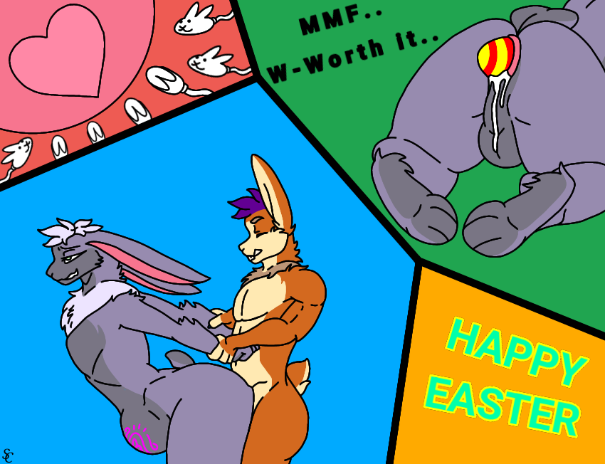 3_fingers 3_toes anthro backsack balls big_belly bodily_fluids claws cum cum_inside dewlap_(anatomy) duo easter easter_egg egg egg_laying feet finger_claws fingers from_behind_position fur genital_fluids genitals hare holding_arm holding_arms holidays impregnation lagomorph leporid male male/male mammal neck_tuft orange_body orange_fur ovum ovum_with_heart pregnant pregnant_male pubic_tattoo purple_body purple_fur purple_hair rabbit rabbitemperor11 rear_view scut_tail sex short_tail side_view sophia_(sophia_e._carrots) sperm_cell sperm_cell_with_face sperm_cell_with_facial_features tail tan_body tan_fur tattoo text toes tuft