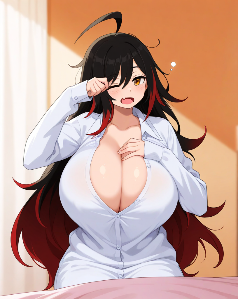 ai_generated amber_eyes dark_hair flesh_fang large_breasts long_hair messy_hair night_shirt sorceress_sophia two_tone_hair