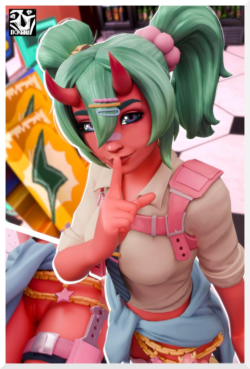 3d fortnite green_hair nemia_(fortnite) red_body twintails uncensored