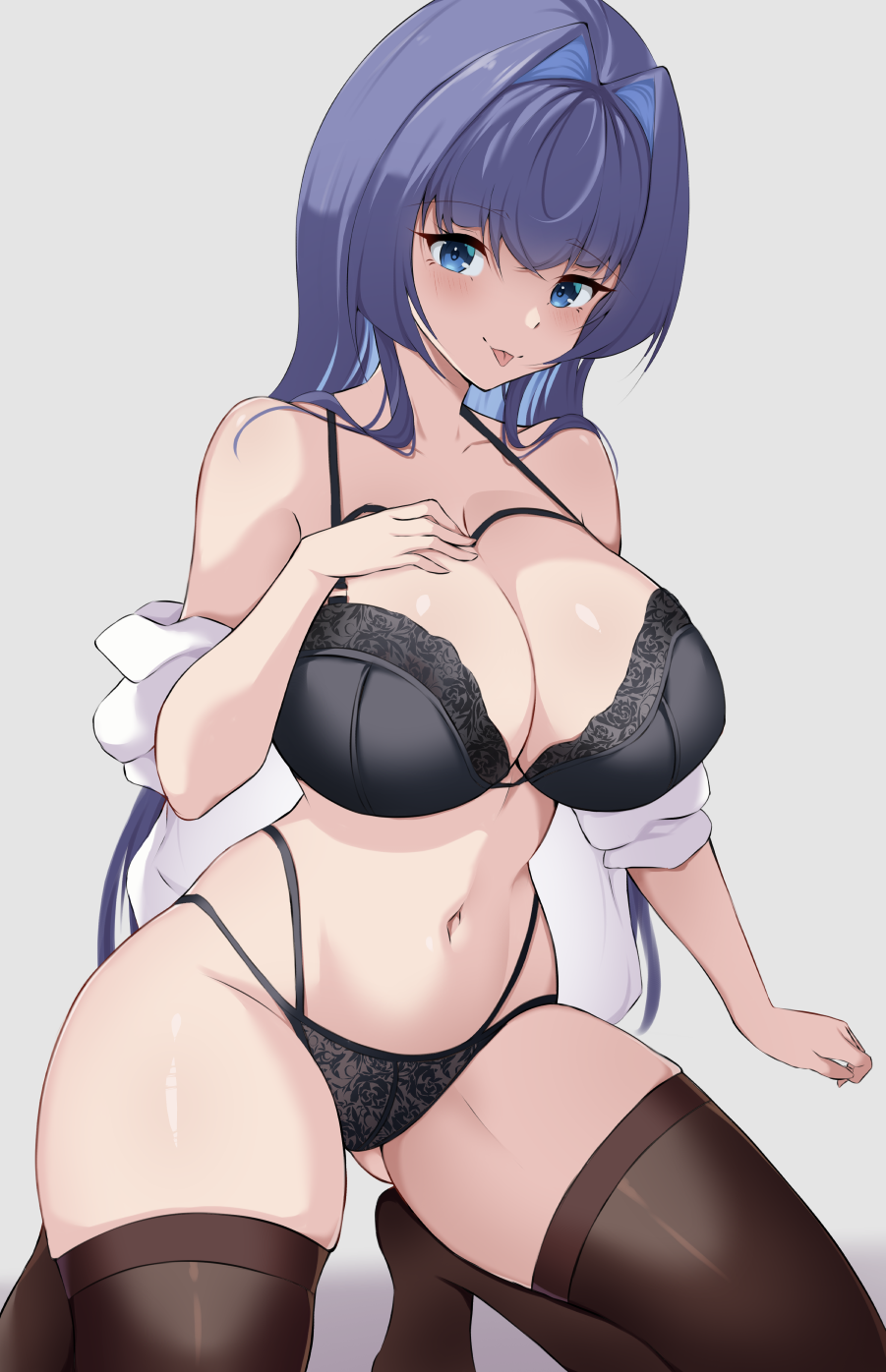 1girls bitch blue_hair bra hololive hololive_english hololive_english_-council- hololive_english_-promise- huge_breasts large_breasts lingerie long_hair ouro_kronii panties shirt tongue_out virtual_youtuber zeropengr