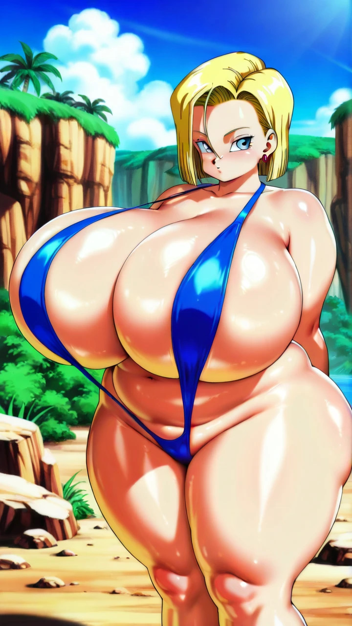 ai_generated android_18 ass big_ass big_breasts bikini blue_bikini blue_swimsuit blue_swimwear breasts breasts_bigger_than_head dragon_ball dragon_ball_super dragon_ball_z huge_breasts jiuyang-hsien large_breasts sling_bikini swimwear thick_ass thick_thighs