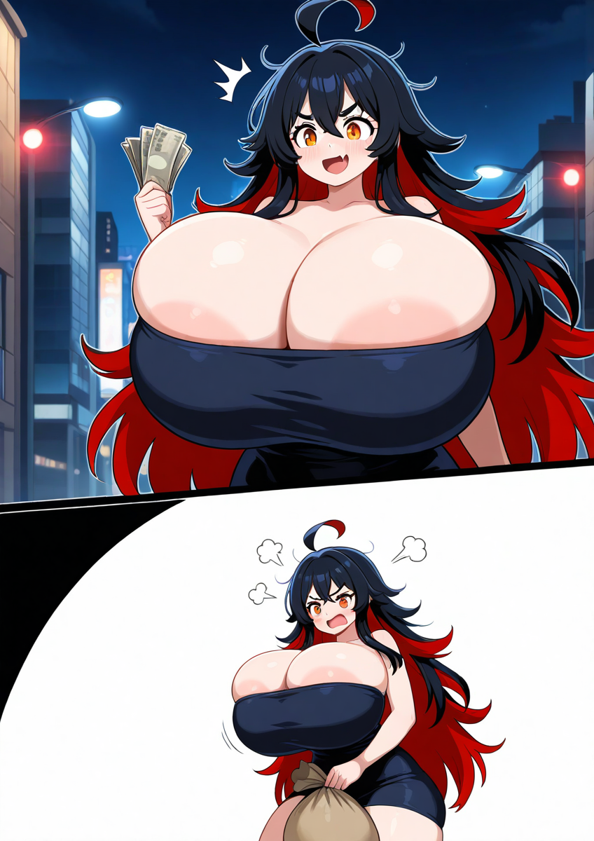 ai_generated amber_eyes black_dress dark_hair flesh_fang large_breasts long_hair messy_hair money sorceress_sophia two_tone_hair