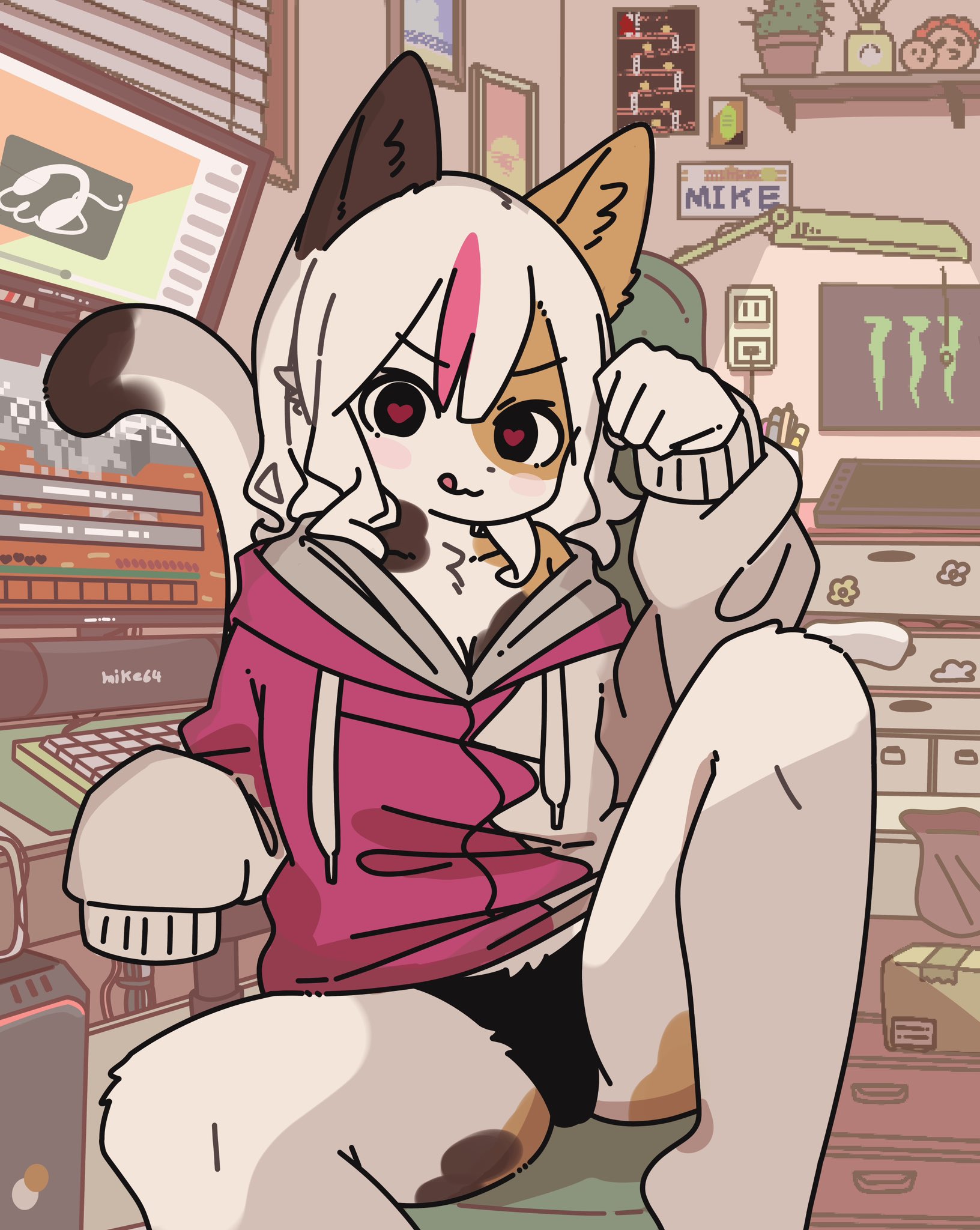 1girls, animal ears, animal tail, anthro, black panties, cat (minecraft), cat ears, cat tail, doremifaso64, female, furry, heart-shaped pupils, hoodie, minecraft, panties, tagme, tail