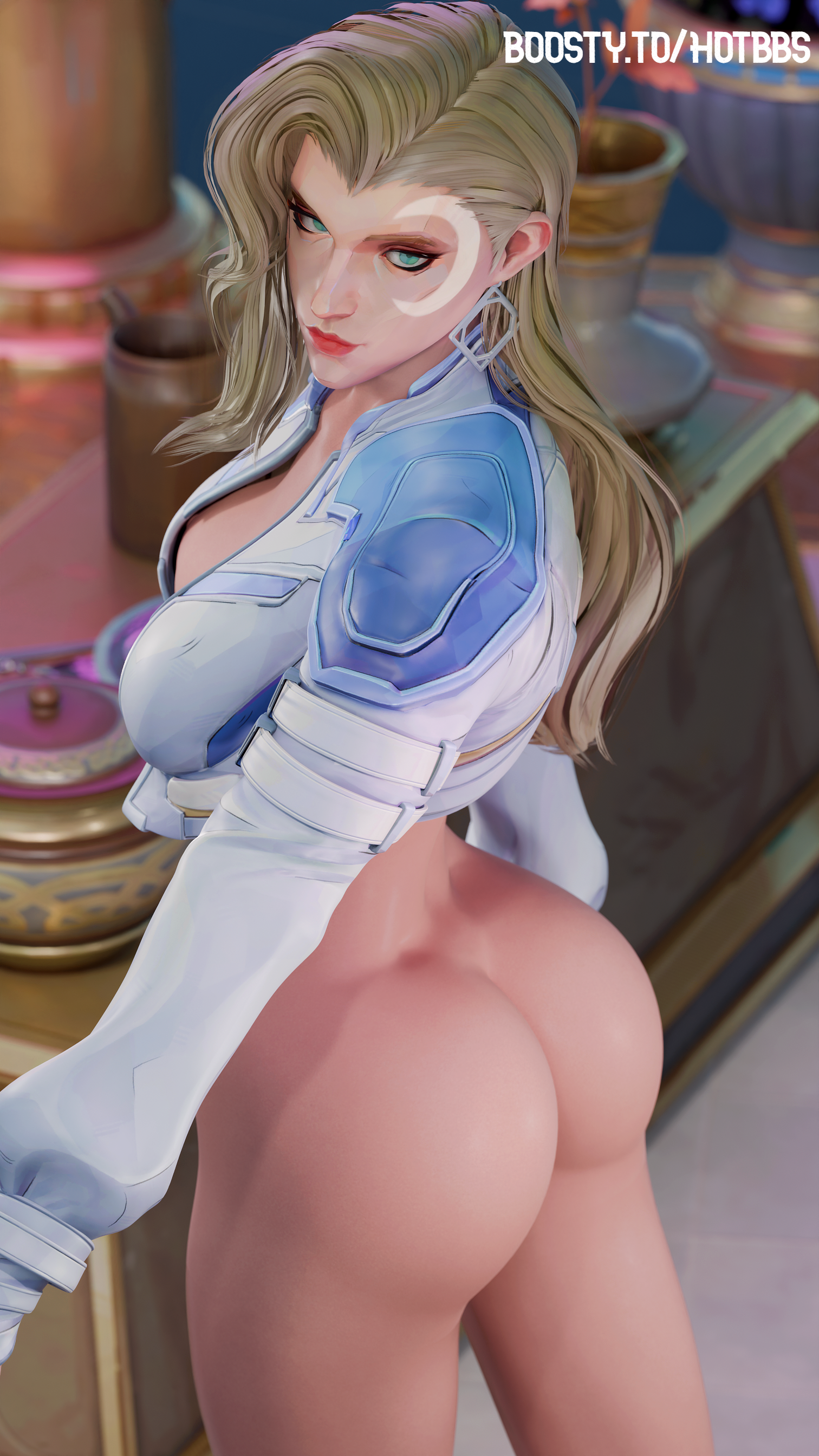 1girls, 3d, ass, ass focus, blonde female, blonde hair, cloak and dagger, dagger, dagger (marvel rivals), dagger (marvel), earrings, female, jacket, jacket only, looking at viewer, looking over shoulder, marvel, marvel comics, marvel rivals, tandy bowen, white body