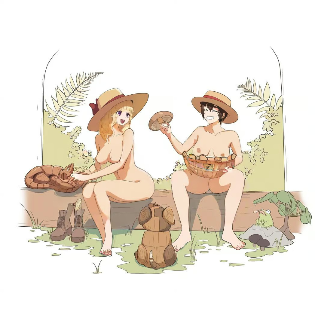 2girls barefoot blonde_hair breasts brown_hair cottagecore genderbent hat millie_(anime_milwaukee) multiple_girls nipples nude sitting smiling straw_hat walker_(anime_milwaukee)