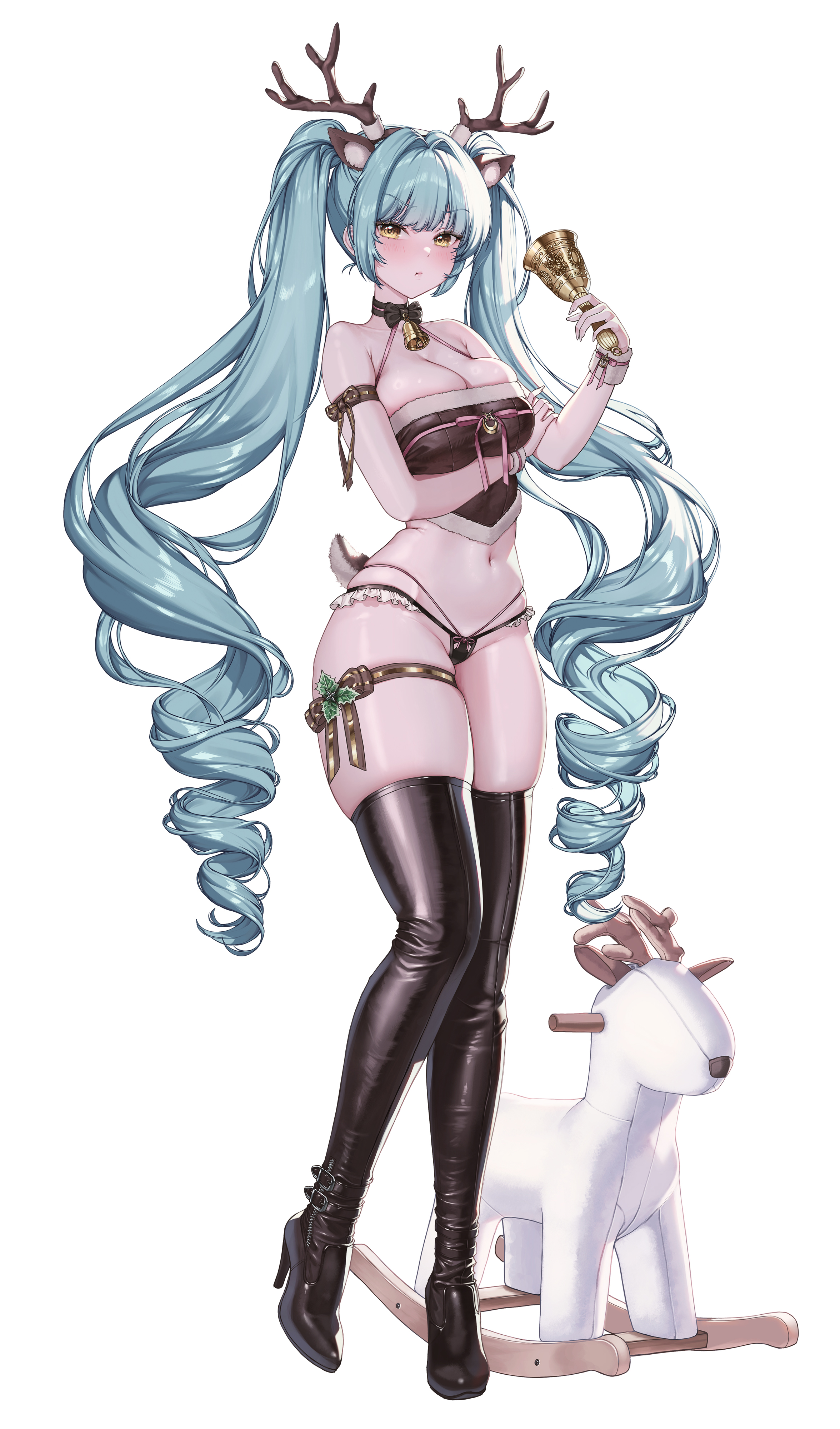 1girls, bell, big ass, big breasts, big thighs, blue hair, blush, bow, christmas, female, female only, goddess of victory: nikke, high heels, hourglass figure, hourglass figured female, huge breasts, navel, pressing breasts together, privaty (nikke), reindeer, reindeer antlers, reindeer costume, reindeer ears, reindeer tail, revealing clothes, skimpy clothes, tall boots, thick thighs, thigh strap, thong, thong bikini, tsundere, twintails, yellow eyes