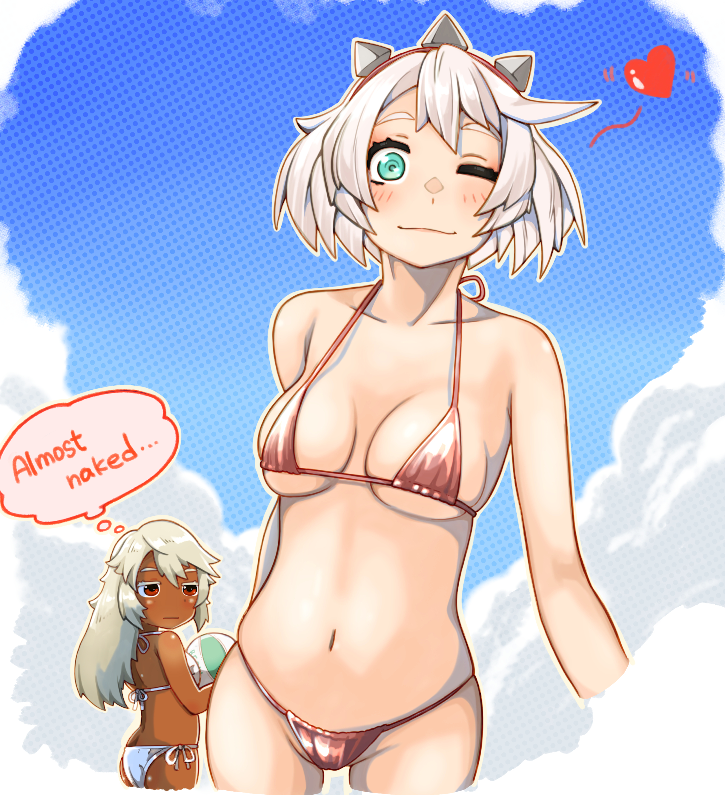 bikini, blue eyes, breasts, elphelt valentine, female, guilty gear, guilty gear strive, light skin, light-skinned female, ramlethal valentine, red eyes, sugag, tagme, tan body, white hair
