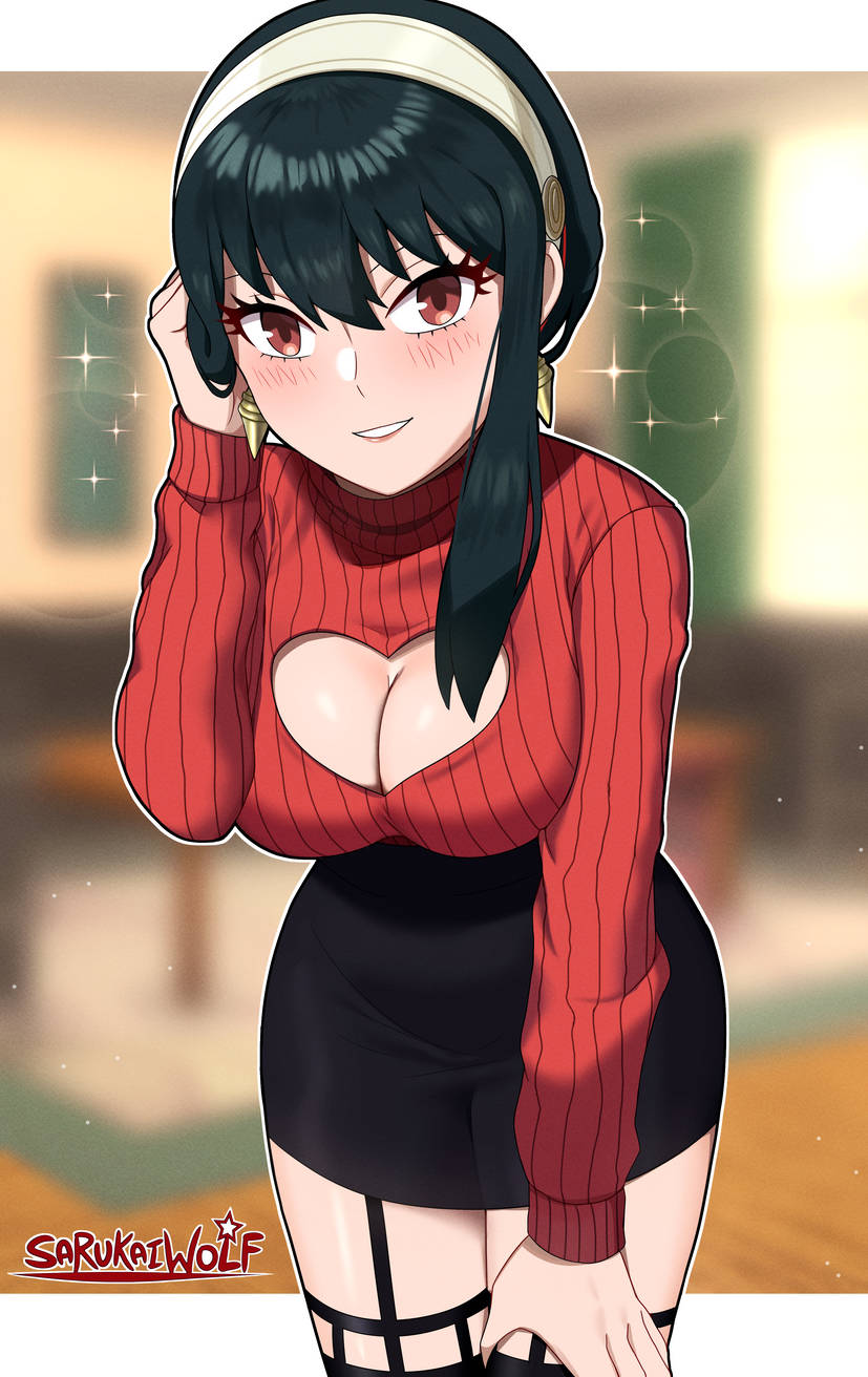 1girls adjusting_hair black_hair black_skirt breasts clothing_cutout earrings garter_straps hairband hairbun heart_cutout looking_at_viewer medium_breasts milf pencil_skirt red_eyes red_sweater sarukaiwolf skirt spy_x_family sweater thighhighs yor_briar yor_forger