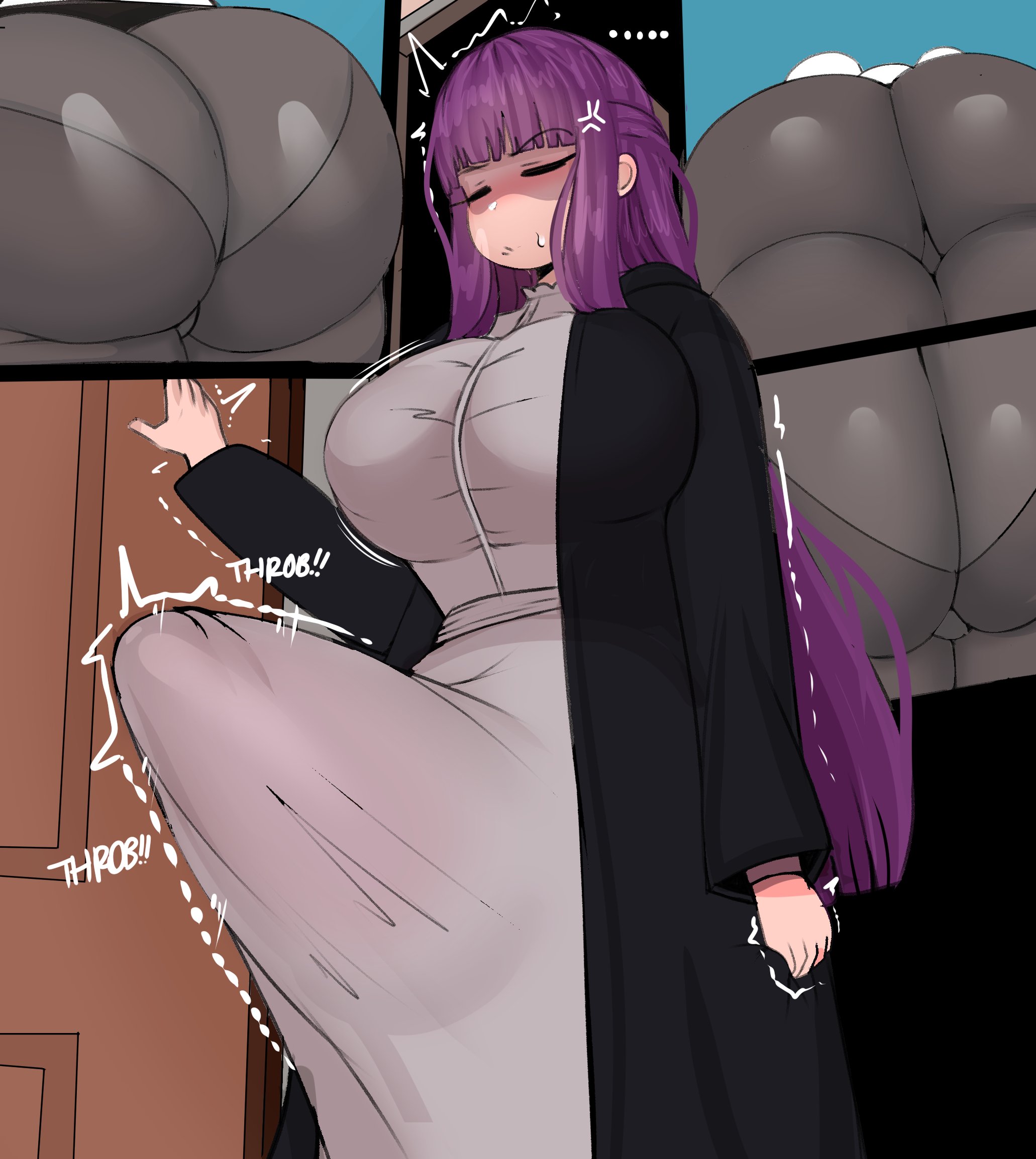 1futa, 1girls, ass, ass body, breasts, bulge, clothed, clothing, dress, erection, erection under clothes, female, fern (sousou no frieren), fladdykin, frieren, fully clothed, futa only, futanari, gigantic penis, heavy throbbing, huge ass, huge breasts, huge cock, imagining, intersex, long hair, pantylines, penis, purple hair, solo futa, sousou no frieren, standing, tenting, white dress