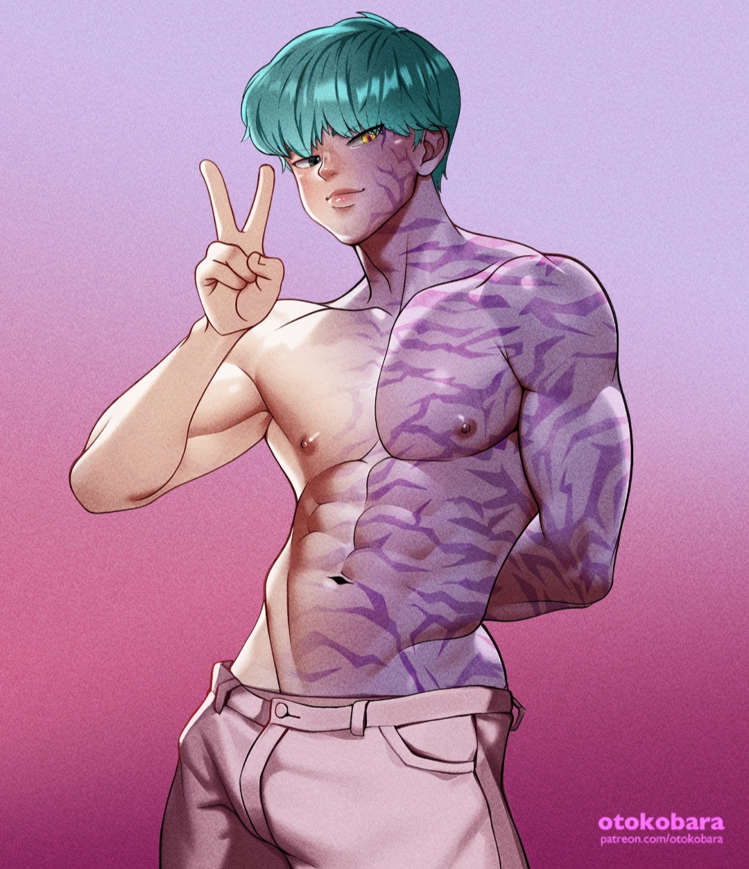1boy, abs, baby (kpop demon hunters), bara, buldge, gay, gay male, green hair, kpop demon hunters, male, male only, muscular, muscular male, nipples, otokobara, topless, topless male, yaoi