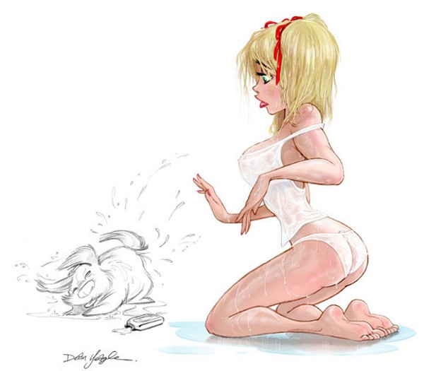 1girl 2d blonde_hair blonde_hair_female dean_yeagle lips mandy_(dean_yeagle) panties red_ribbons ribbons twintails wet wet_body wet_shirt wet_skin white_panties white_shirt