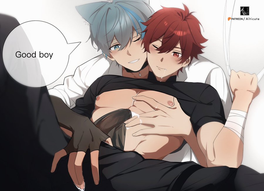 2boys, abs, alticute, bandage, blue hair, blush, cat boy, catboy, choker, cum, drooling, erection, gay, groping chest, holding partner, male, muscular, muscular male, nipples, original character, pecs, penis, red hair, shirt up, virtual youtuber, vtuber, yaoi