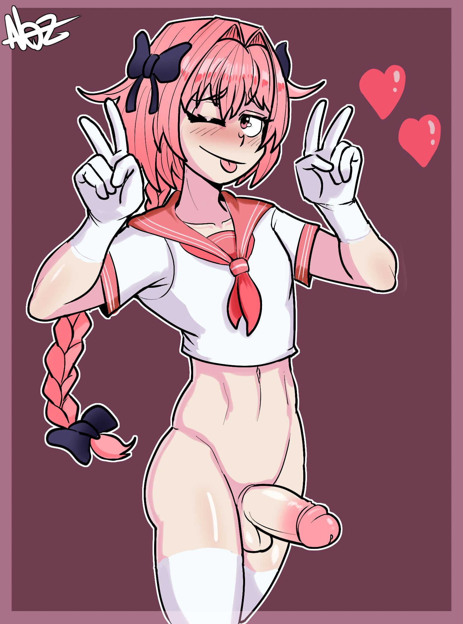 1boy, astolfo (fate), balls, blush, bottomless, color, dick, fate (series), fate/apocrypha, fate/grand order, femboy, gloves, large penis, male, male only, nozzynoz, peace sign, penis, pink hair, shirt only, stockings, wink