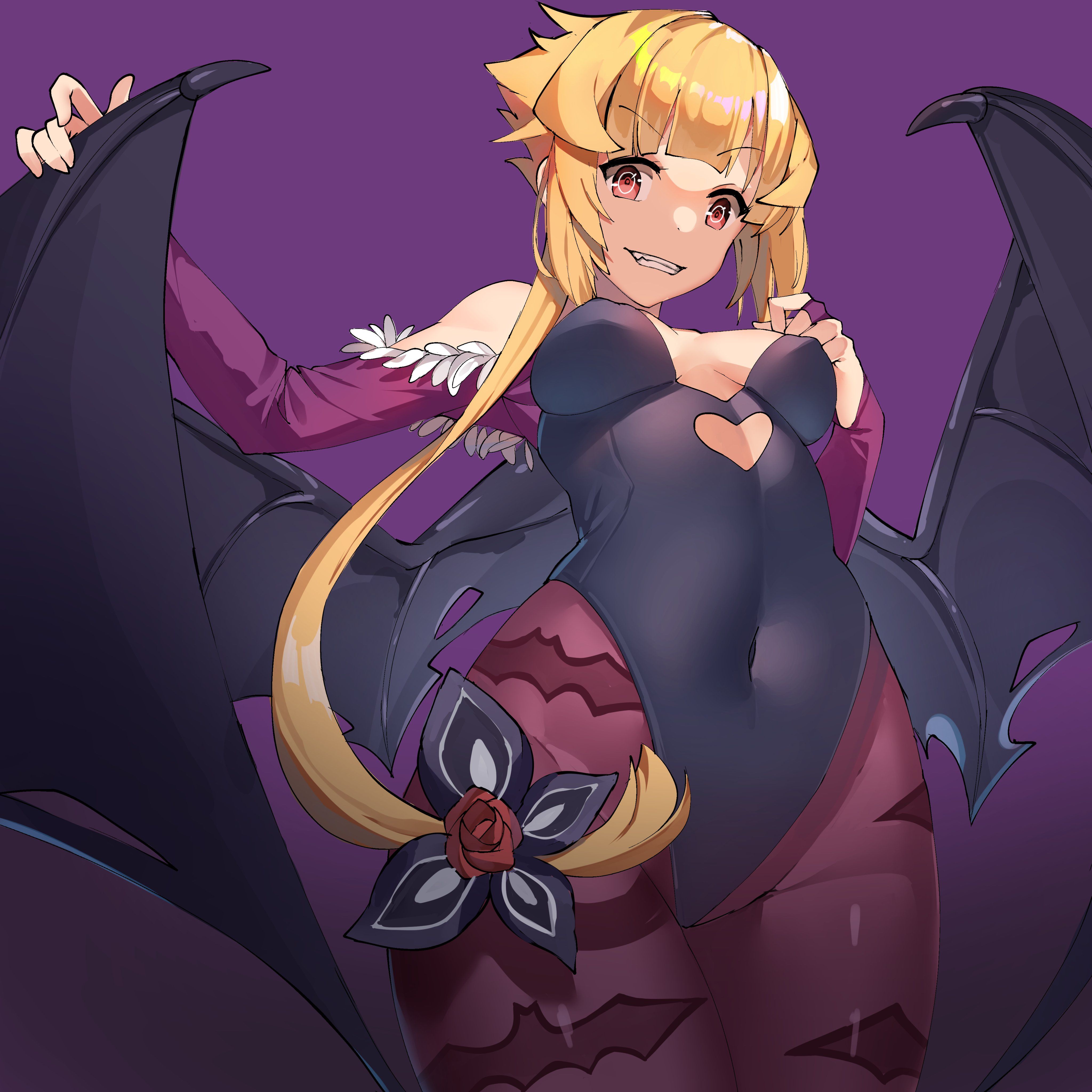 1girls, artist request, blonde hair, breasts, capella emerada lugunica, clothing, cosplay, darkstalkers, demon wings, female, light skin, light-skinned female, looking at viewer, medium hair, morrigan aensland (cosplay), oerba yun fang, re:zero kara hajimeru isekai seikatsu, red eyes, small breasts, wings