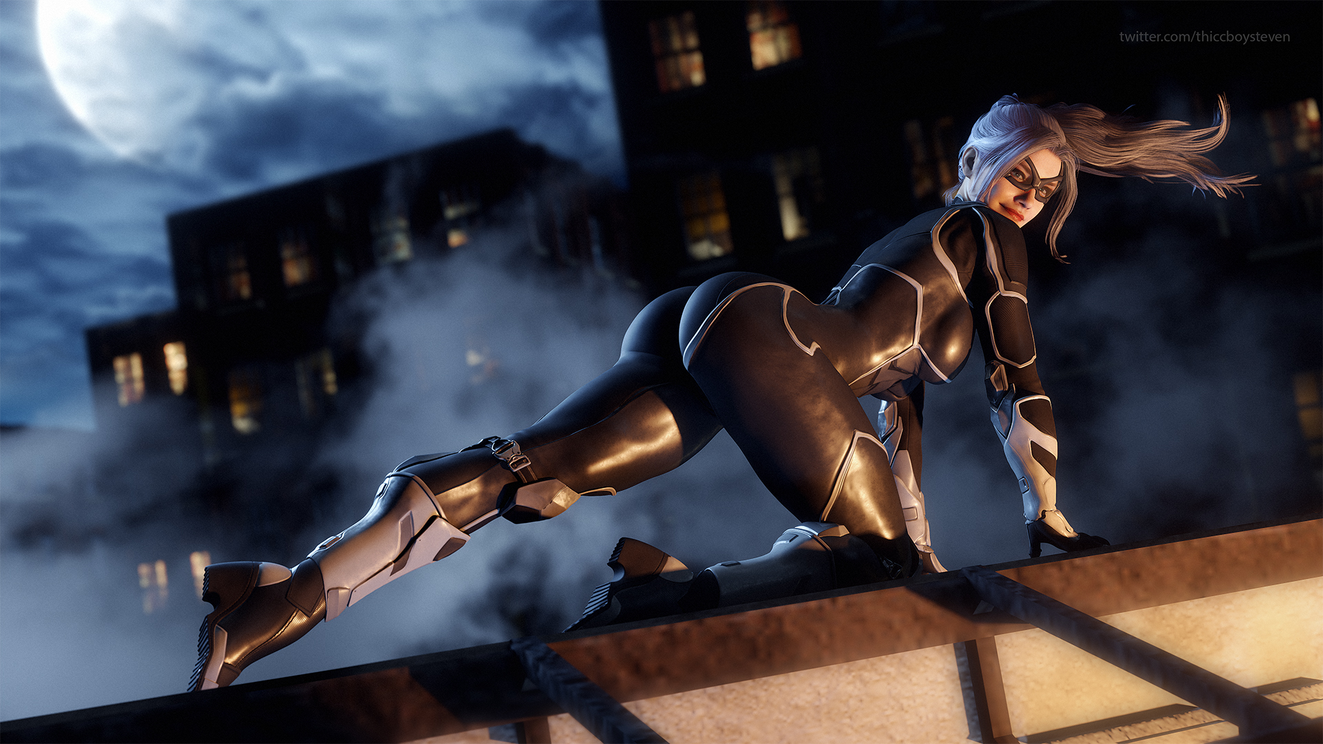 1girls, 3d, all fours, ass, ass focus, black cat (marvel), bodysuit, clothed, clothed female, felicia hardy, female, female focus, highres, looking at viewer, marvel, marvel comics, pin up, pinup, pose, posing, rooftop, skin tight, solo, solo female, spider-man (series), suit, thiccboysteven, thick ass, thick thighs, tight clothing, wallpaper, widescreen