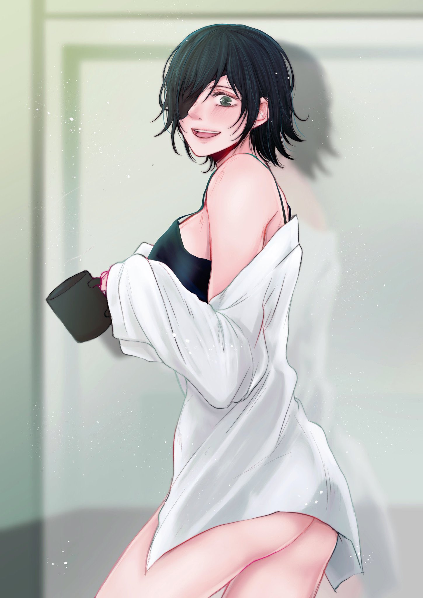 ass, ass focus, big breasts, bottomless, breasts, chainsaw man, cleavage, female, female only, himeno (chainsaw man), inknigella, light skin, light-skinned female, looking at viewer, no panties, pale skin, pale-skinned female, pants removed, shirt only, solo, solo female