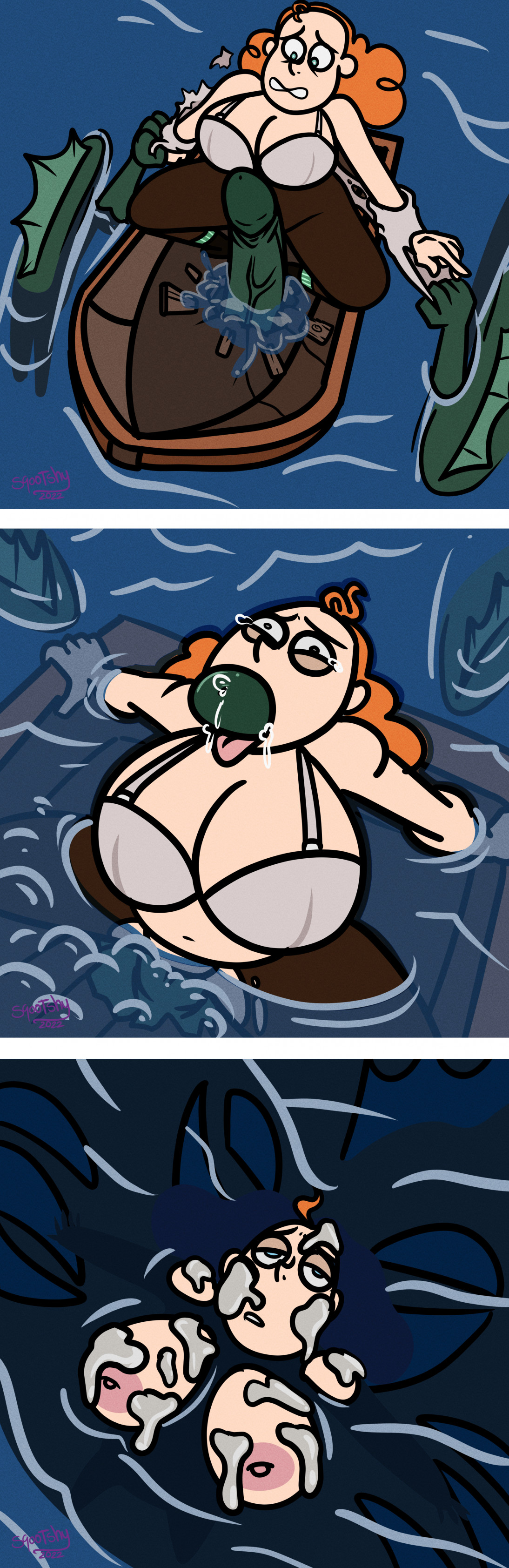 1girls, all the way through, ass, big ass, big breasts, big penis, boat, bra, breasts, comic, creature from the lake, cum in mouth, cum on breasts, cum on face, female, ginger, inverted nipples, lake, male, monster, on water, partially submerged, penis, raped by monster, redhead, shelby (creature from the lake), sqootshy, tears, tentacle, tentacle rape