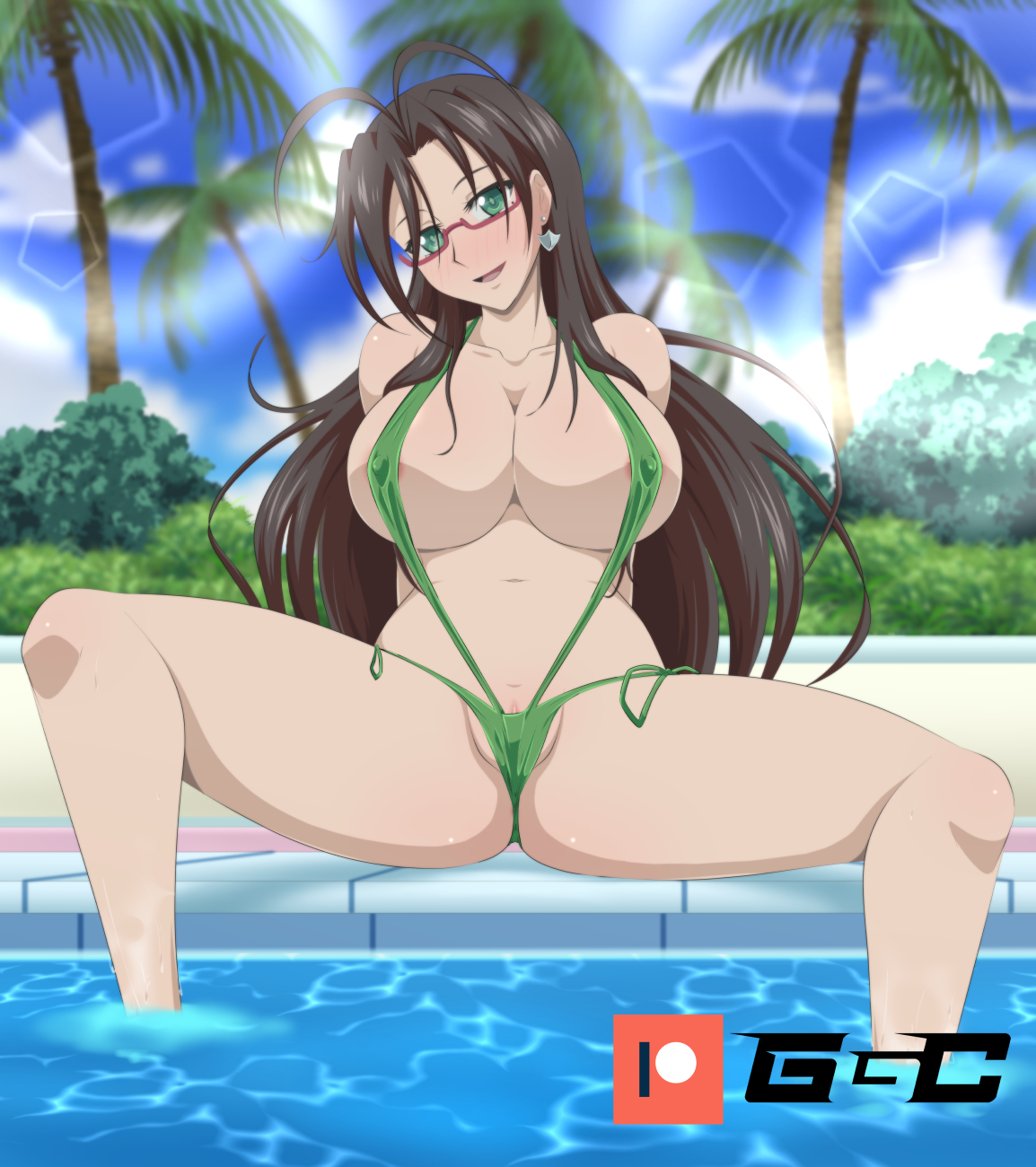 blush, brown hair, earrings, female, female only, ggc, glasses, green eyes, hasegawa chisato, long hair, looking at viewer, one-piece swimsuit, shinmai maou no testament, solo focus, spread legs, thick thighs, thighs, uncensored, wide hips