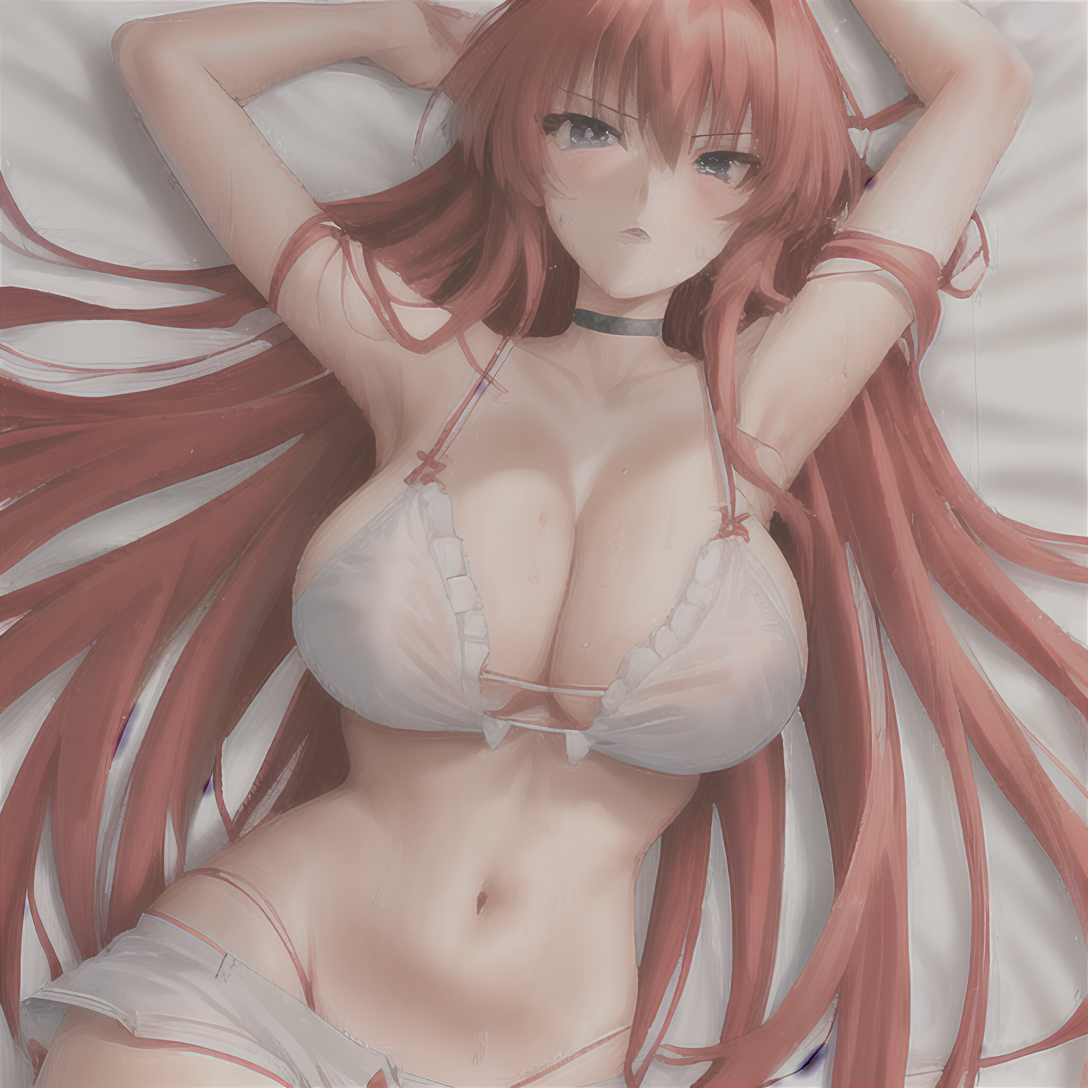 ai generated, bikini, black choker, blue eyes, female, female only, hand on head, high school dxd, pencil (artwork), rias gremory, underwear, white background, white bikini
