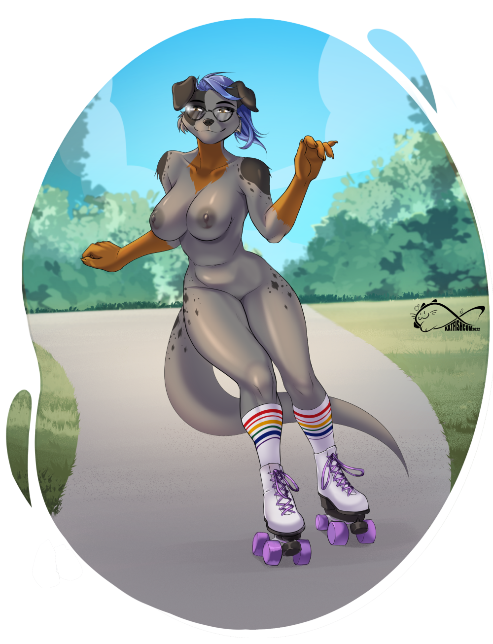 anthro blue_hair breasts canid canine canis casual casual_nudity clothing domestic_dog eyewear female floppy_ears footwear fur glasses grey_body grey_fur hair hi_res hybrid inline_skates katfishcom mammal midriff mustelid naked_footwear nipples nude otter outside park public roller_skates smile socks solo