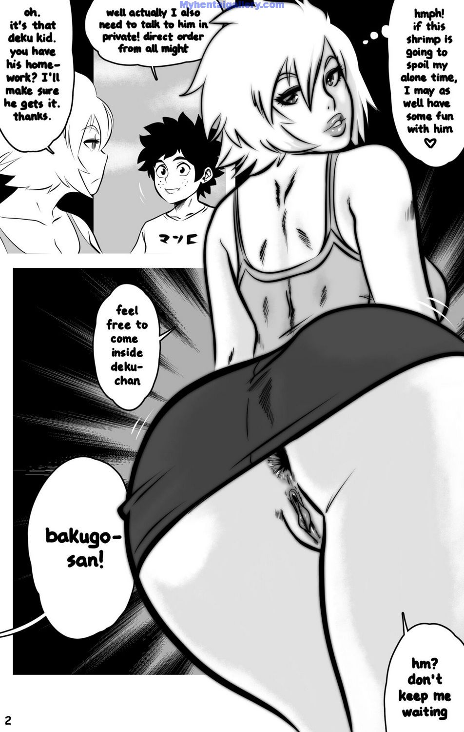 1boy, 1girls, anus peek, ass, black and white, comic, comic page, dark anus, detailed anus, english text, exposed anus, female, izuku midoriya, male, milf, mitsuki bakugou, mizaru, my hero academia, page 2, page number, tagme