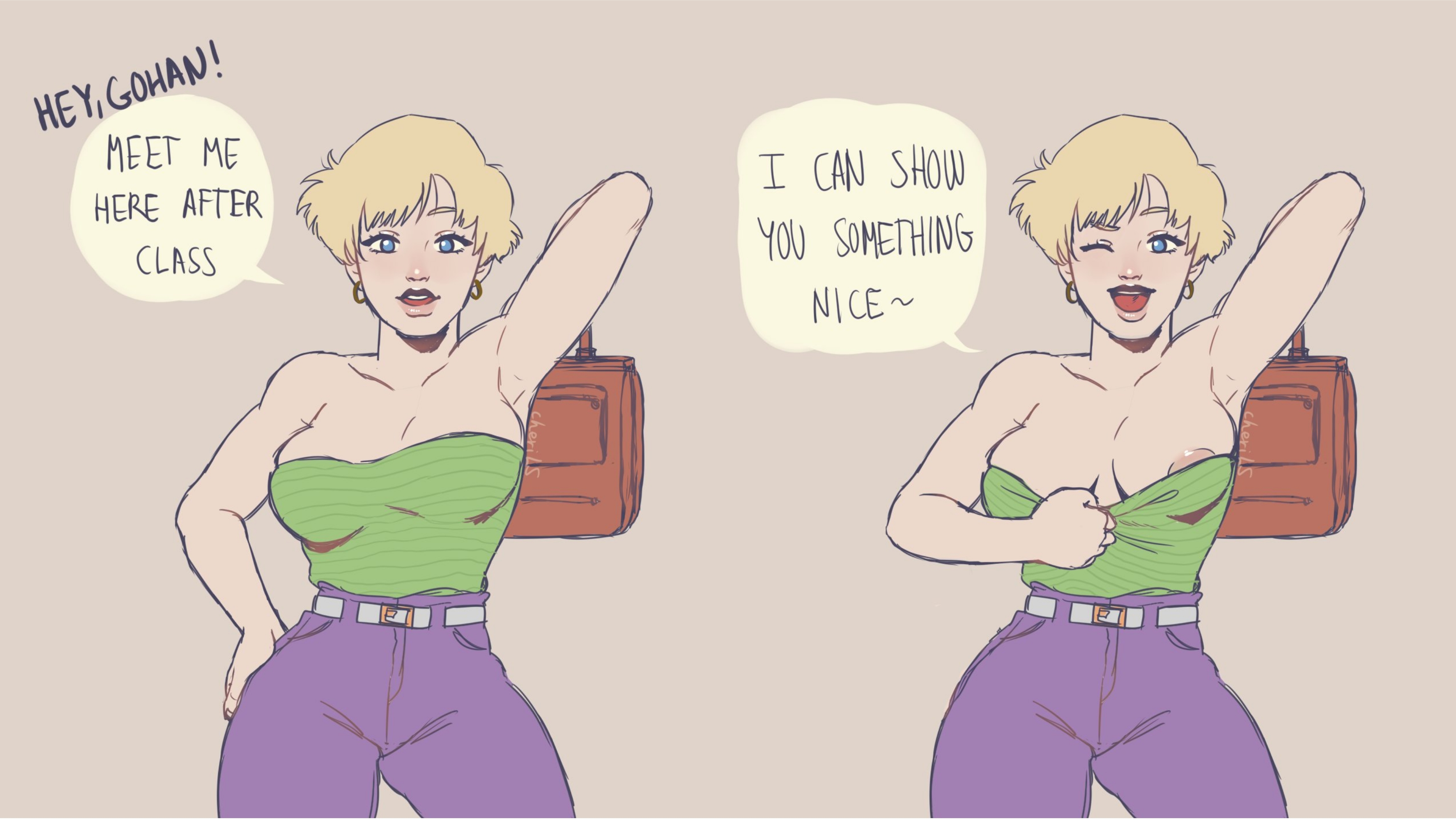1girls, areola, areolae, areolae peeking, blonde hair, cheri ls, crop top, dragon ball, dragon ball z, erasa, female, female only, flashing, jeans, nipples, no bra, one arm up, short hair, solo, son gohan, tease, tubetop