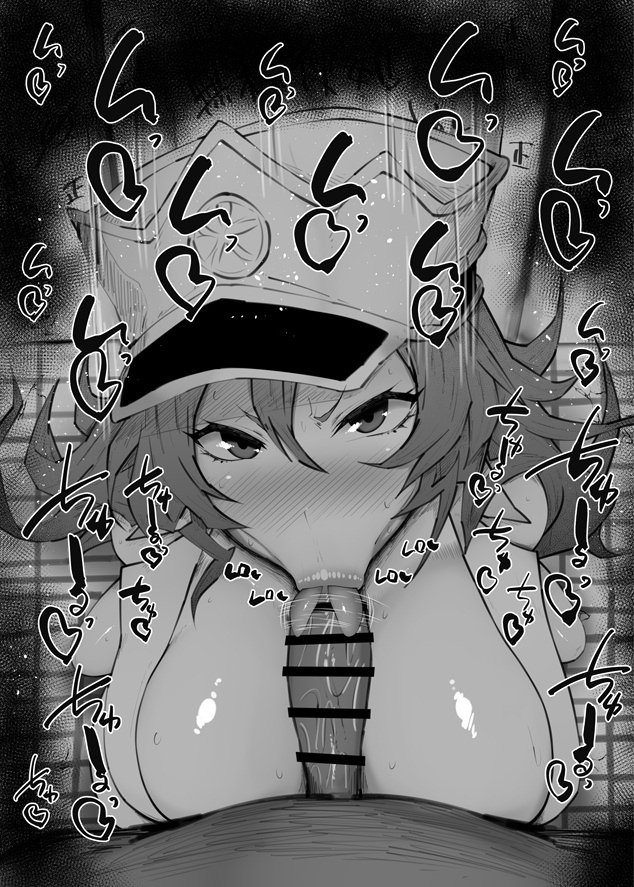 :>=, 1boy, 1girls, bare shoulders, big breasts, big penis, black and white, bleach, bleach: the thousand-year blood war, blowjob, blush, breasts, candice catnipp, censored, dark skin, dark-skinned male, detailed background, drooling, eyelashes, fellatio, female, hat, heart, human, indoor, inside, japanese text, kurotama, licking, long hair, looking at viewer, male, male pov, oral, oral sex, penis, pov, room, saliva, shiny, shiny skin, sketch, sound effects, squatting, sweat, text, tongue, tongue out, vein, veins, veiny, veiny penis