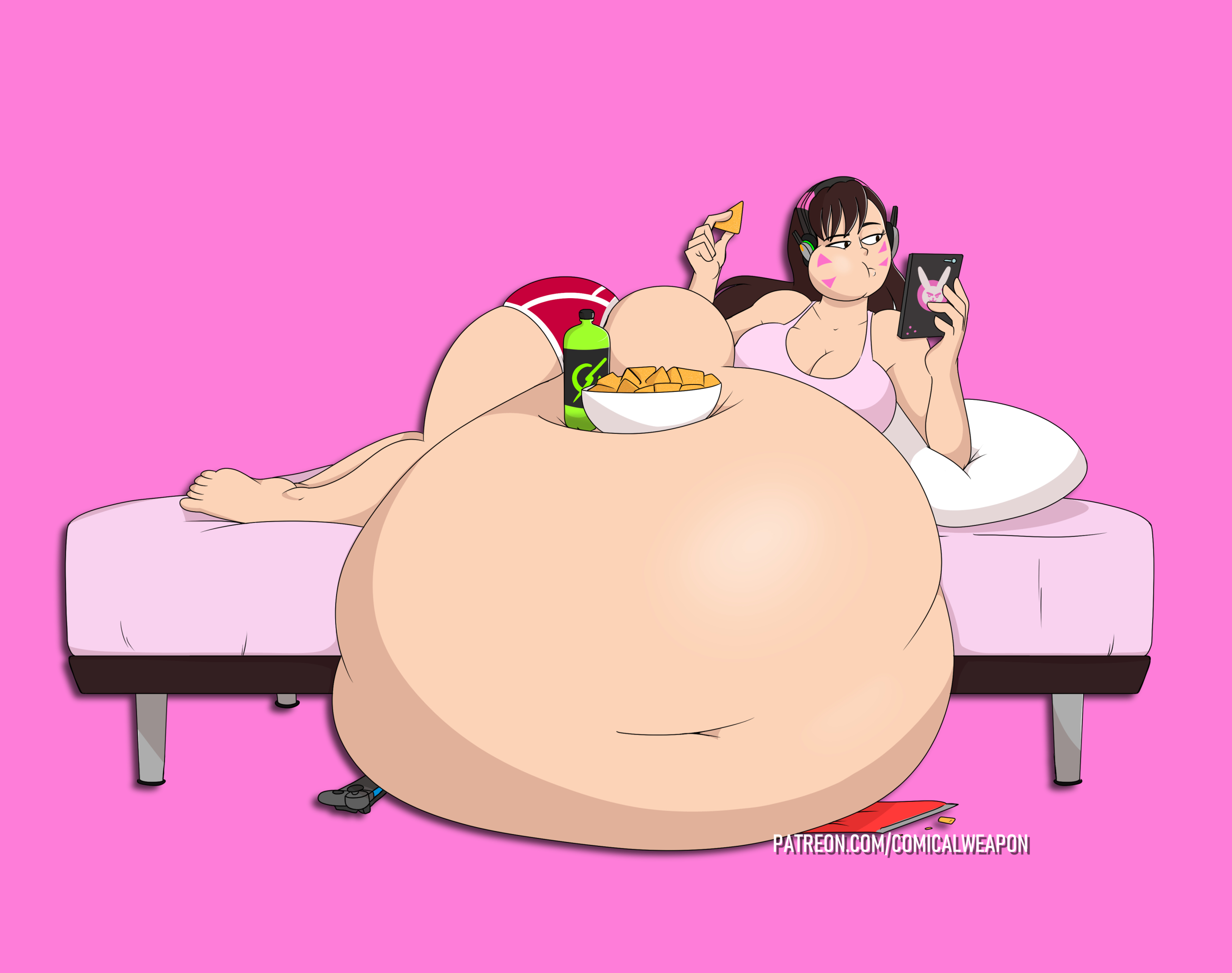 1girls, ass, barefoot, bed, big ass, big breasts, bra, breasts, chips (food), comical weapon, d.va, fat, fat belly, fat female, female, gamer girl, headphones, huge belly, laying on bed, nintendo switch, obese, overwatch, phone, shorts, soda, weight gain, wide hips
