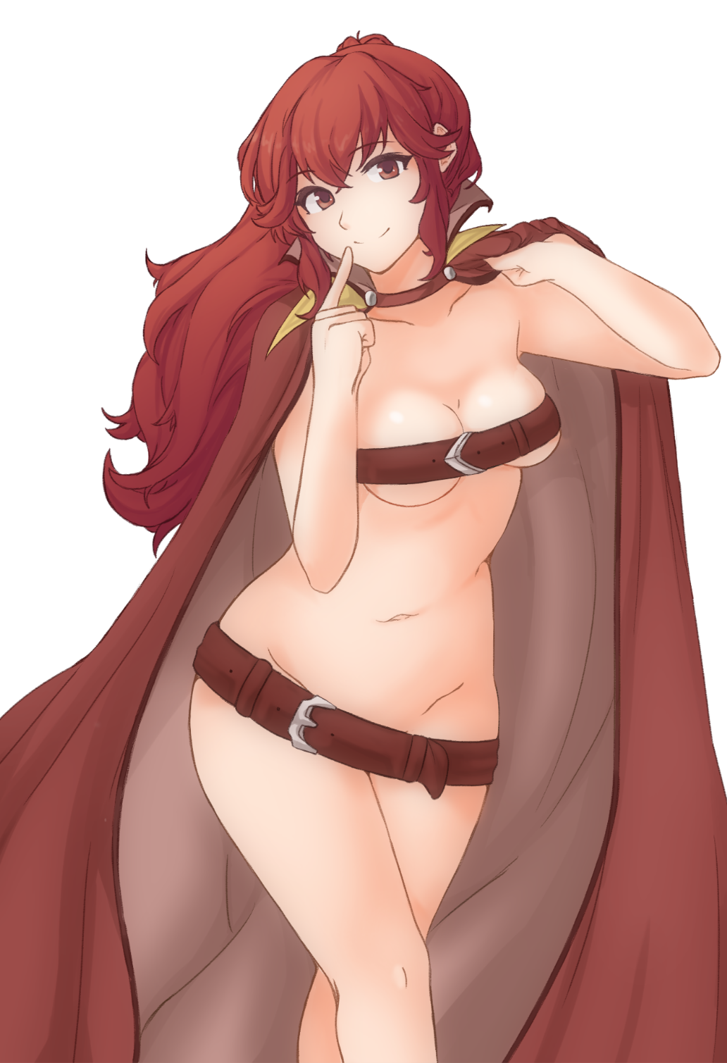 1girls anna_(fire_emblem) anna_(fire_emblem_awakening) belt beltbra beltskirt cloak covering female female_only finger_to_mouth fire_emblem fire_emblem_awakening highres leaning_forward long_hair looking_at_viewer naked_cloak nintendo ponytail red_cloak red_eyes red_hair smile solo standing transparent_background tridisart